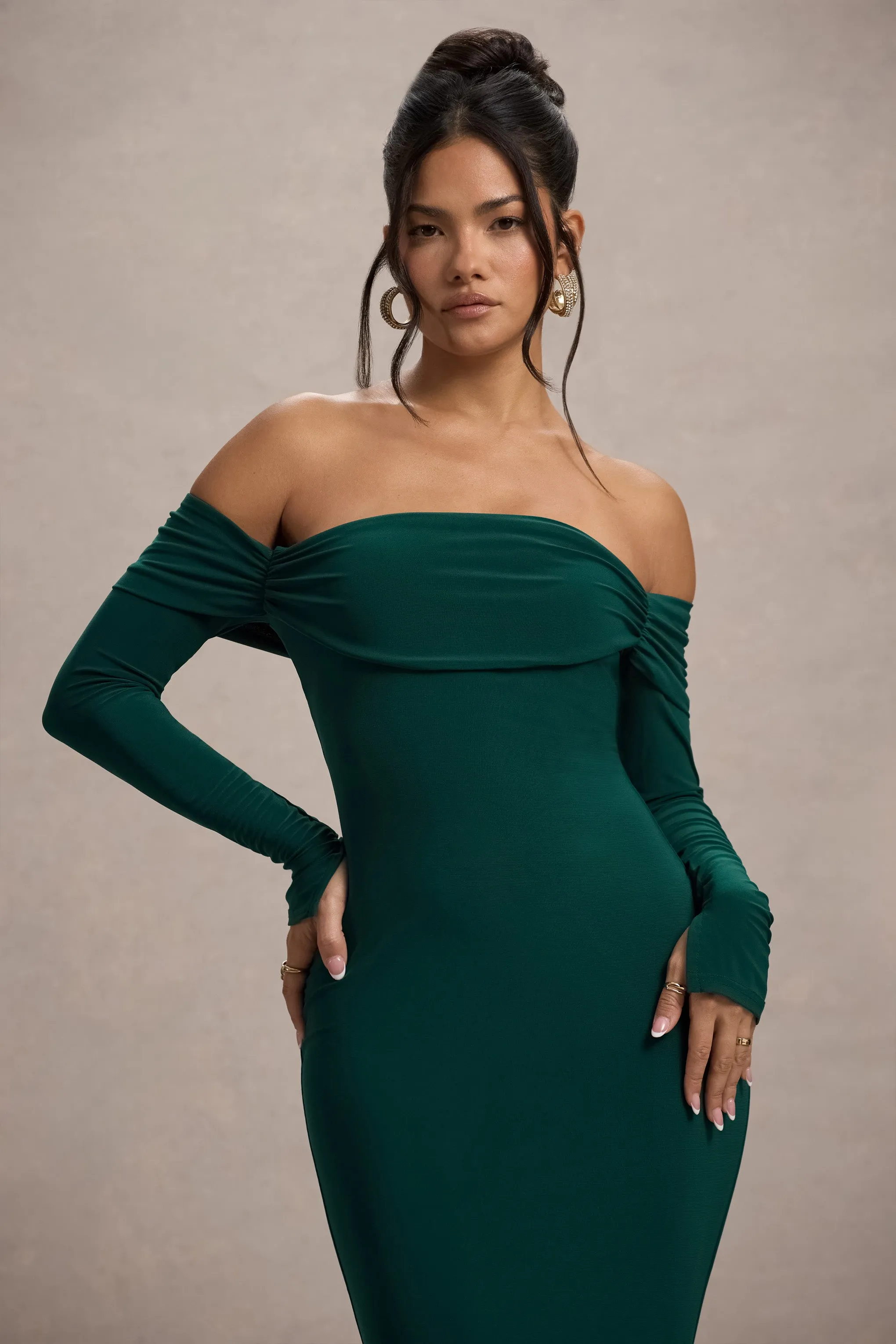 Amaia | Bottle Green Bardot Long-Sleeve Maxi Dress Club L London