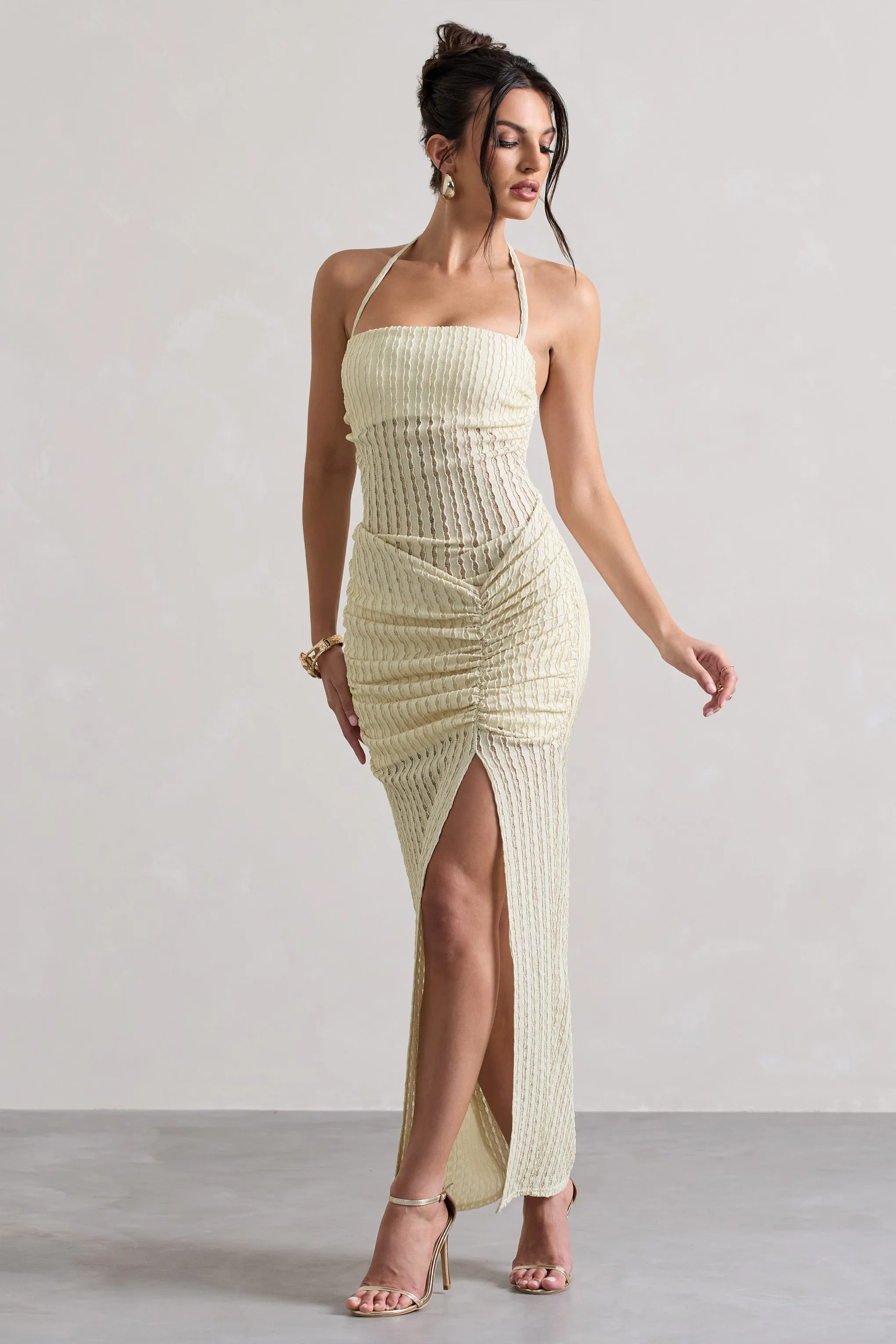 Amalfi | Ecru Textured Sheer Halter-Neck Maxi Dress Club L London