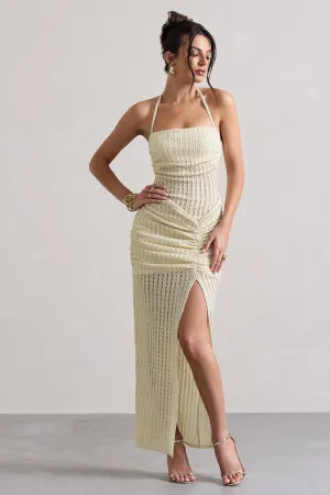 Amalfi | Ecru Textured Sheer Halter-Neck Maxi Dress Club L London
