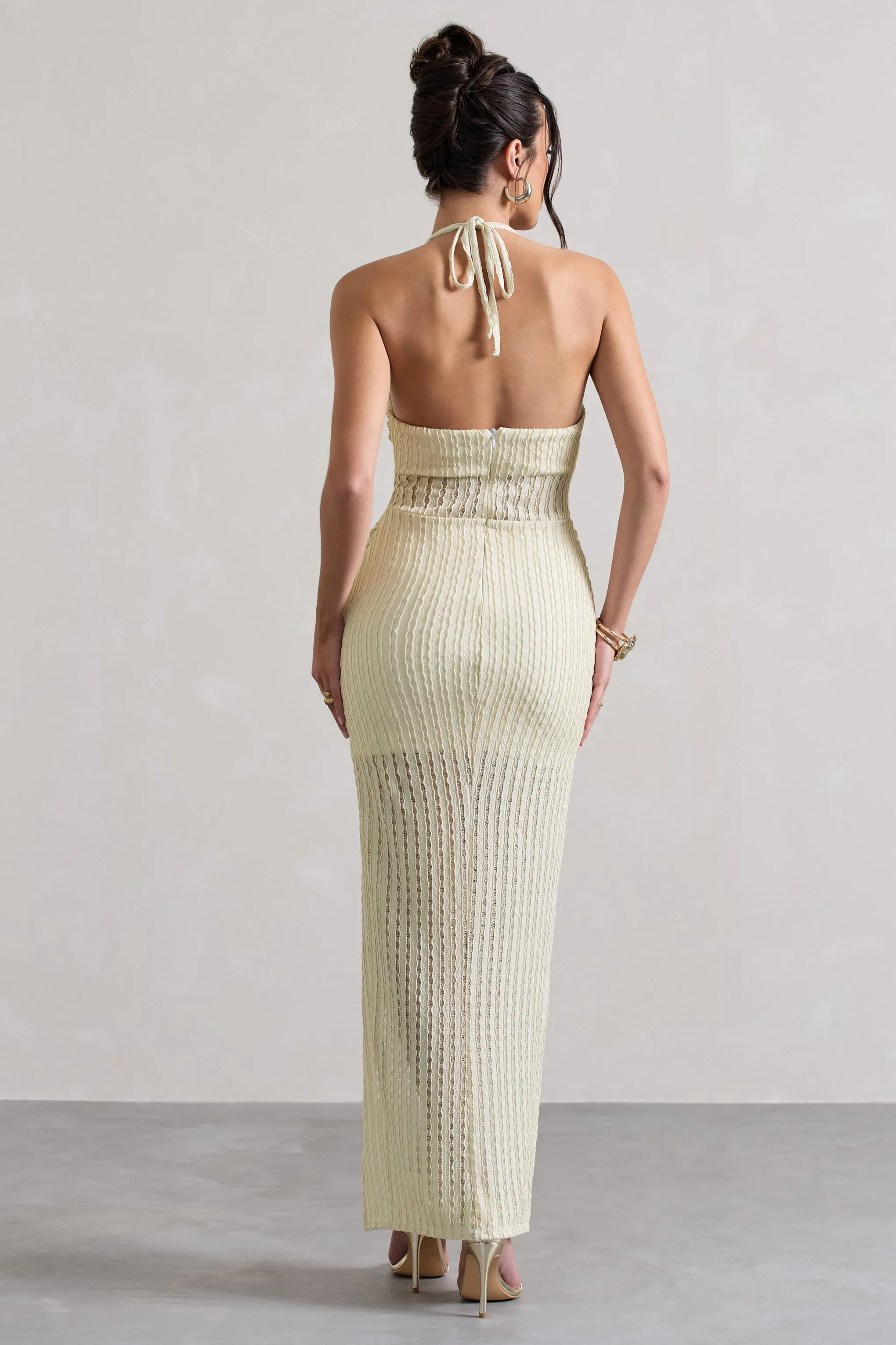 Amalfi | Ecru Textured Sheer Halter-Neck Maxi Dress Club L London