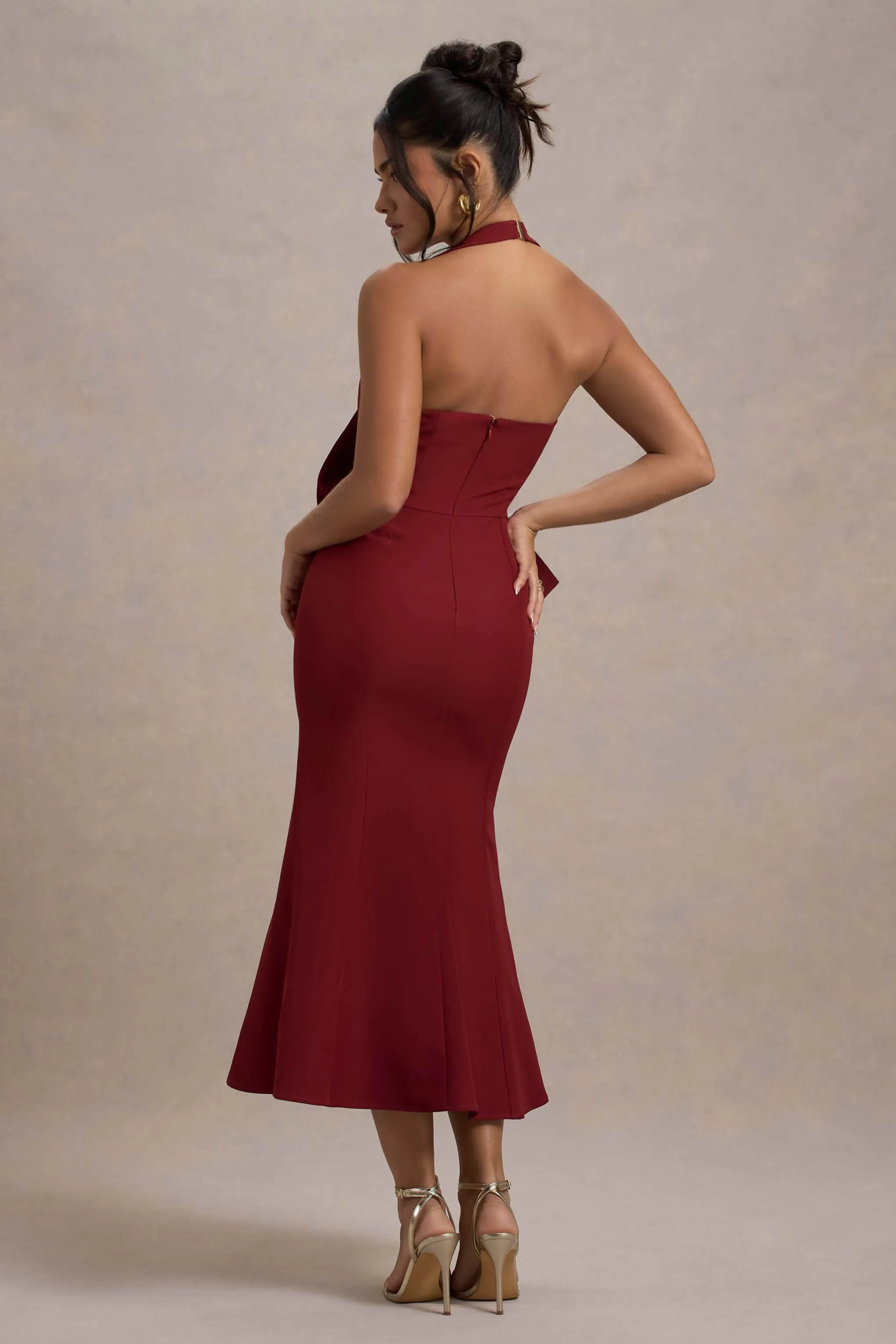 Aman | Berry Halter-Neck Midi Dress With Oversized Bow Club L London