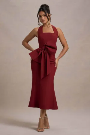 Aman | Berry Halter-Neck Midi Dress With Oversized Bow Club L London