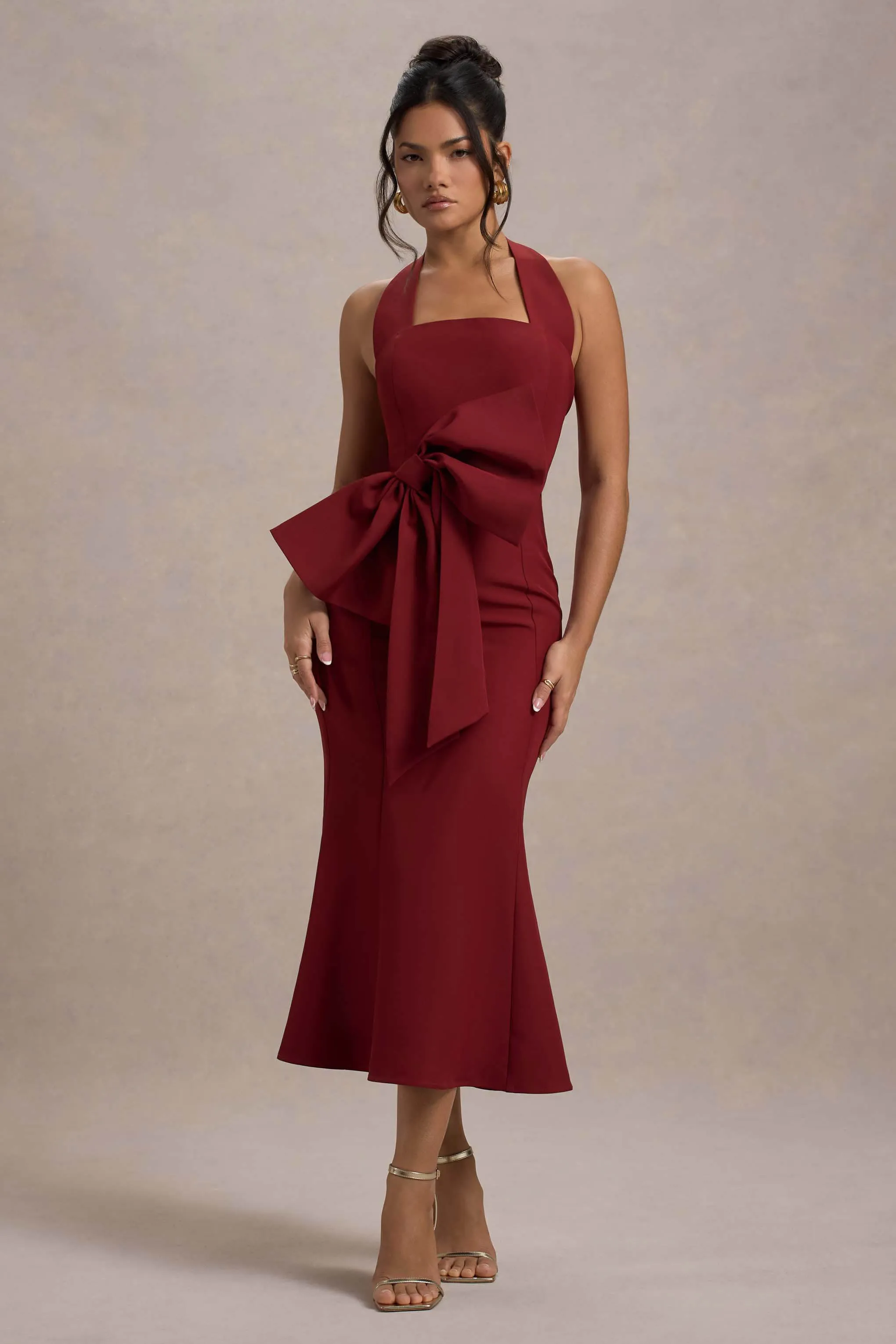 Aman | Berry Halter-Neck Midi Dress With Oversized Bow Club L London