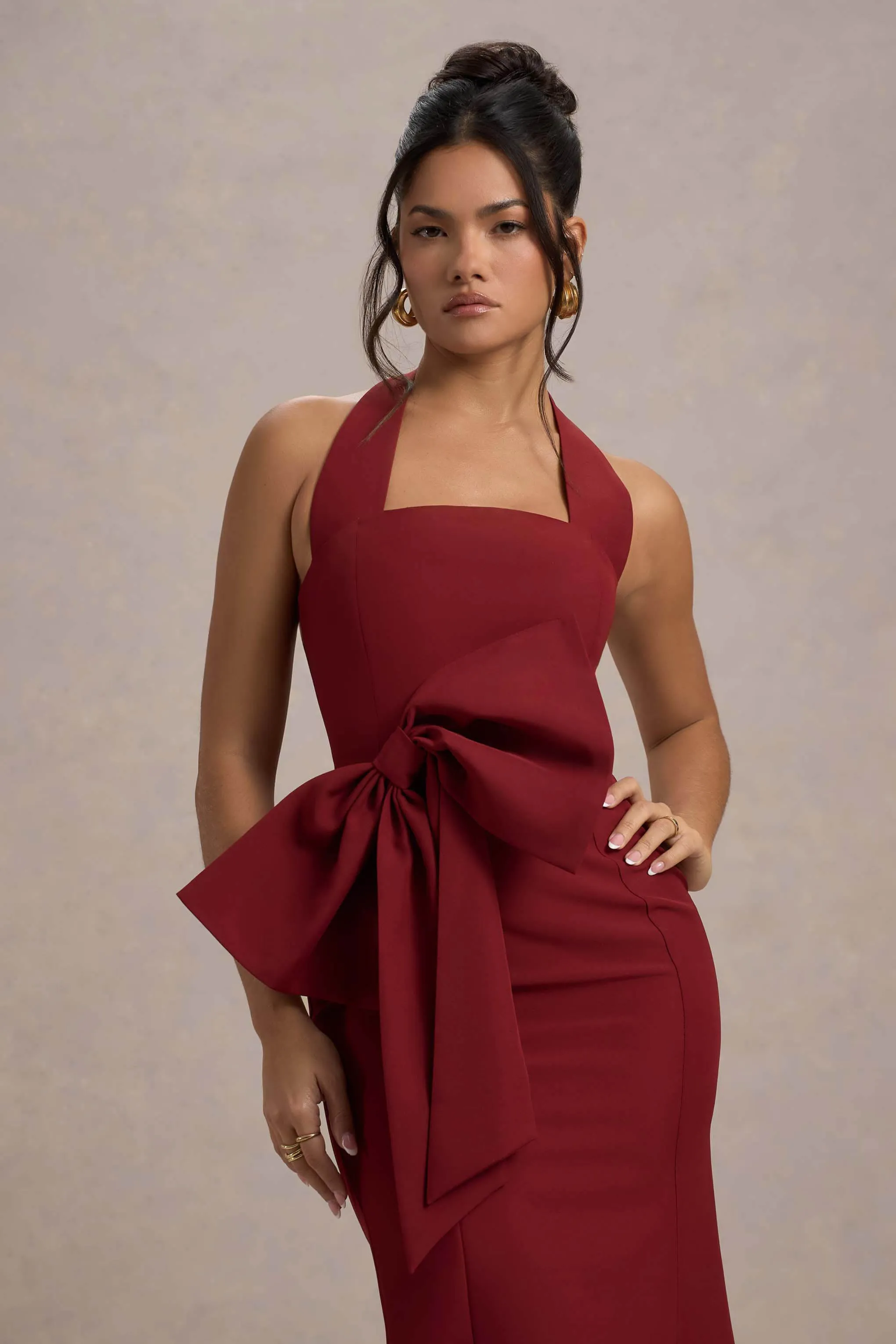 Aman | Berry Halter-Neck Midi Dress With Oversized Bow Club L London