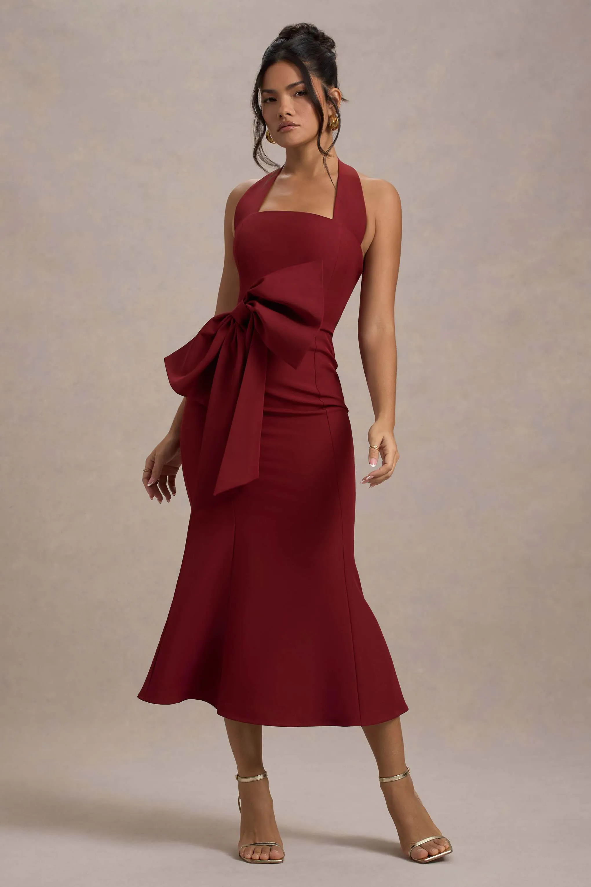 Aman | Berry Halter-Neck Midi Dress With Oversized Bow Club L London