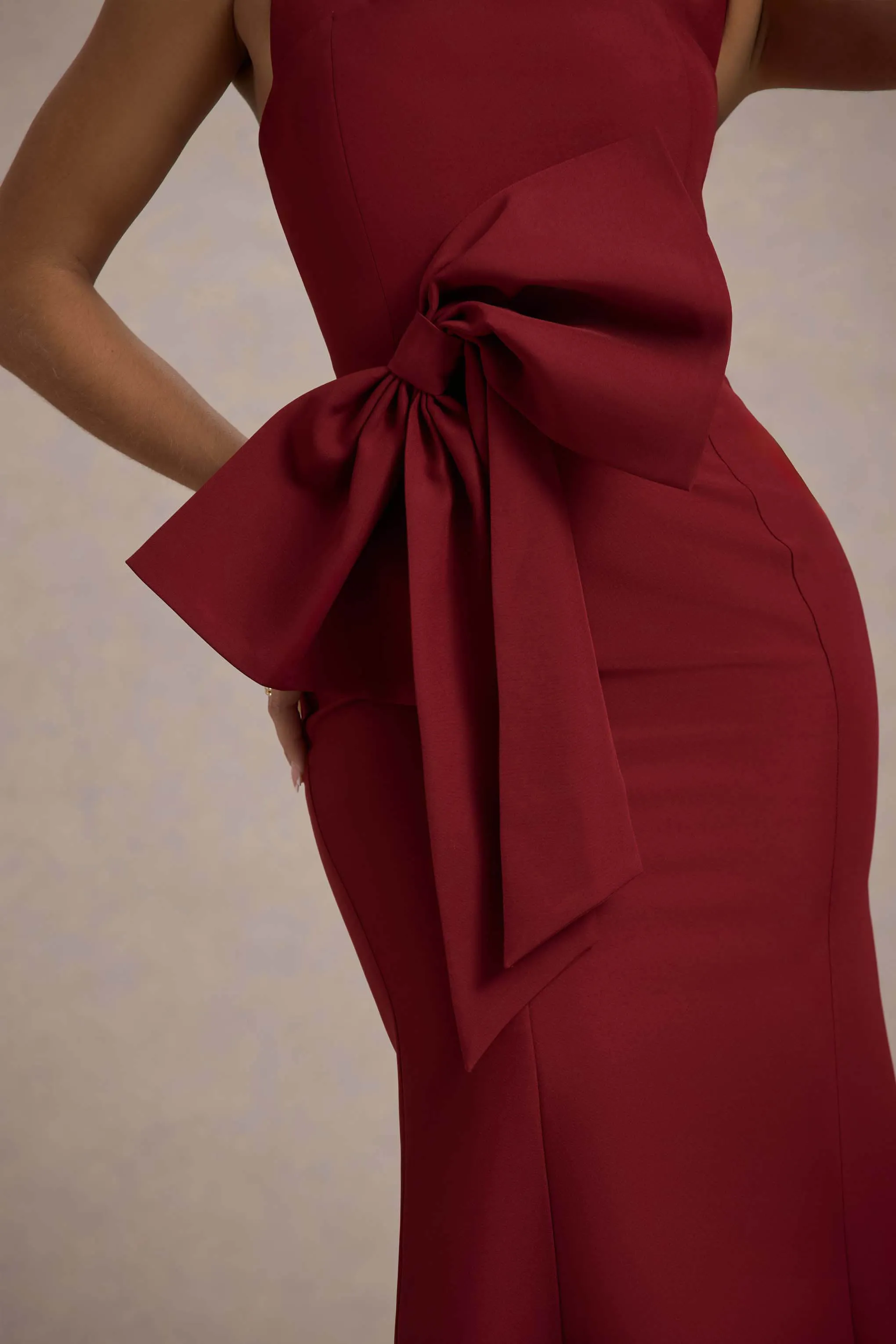 Aman | Berry Halter-Neck Midi Dress With Oversized Bow Club L London