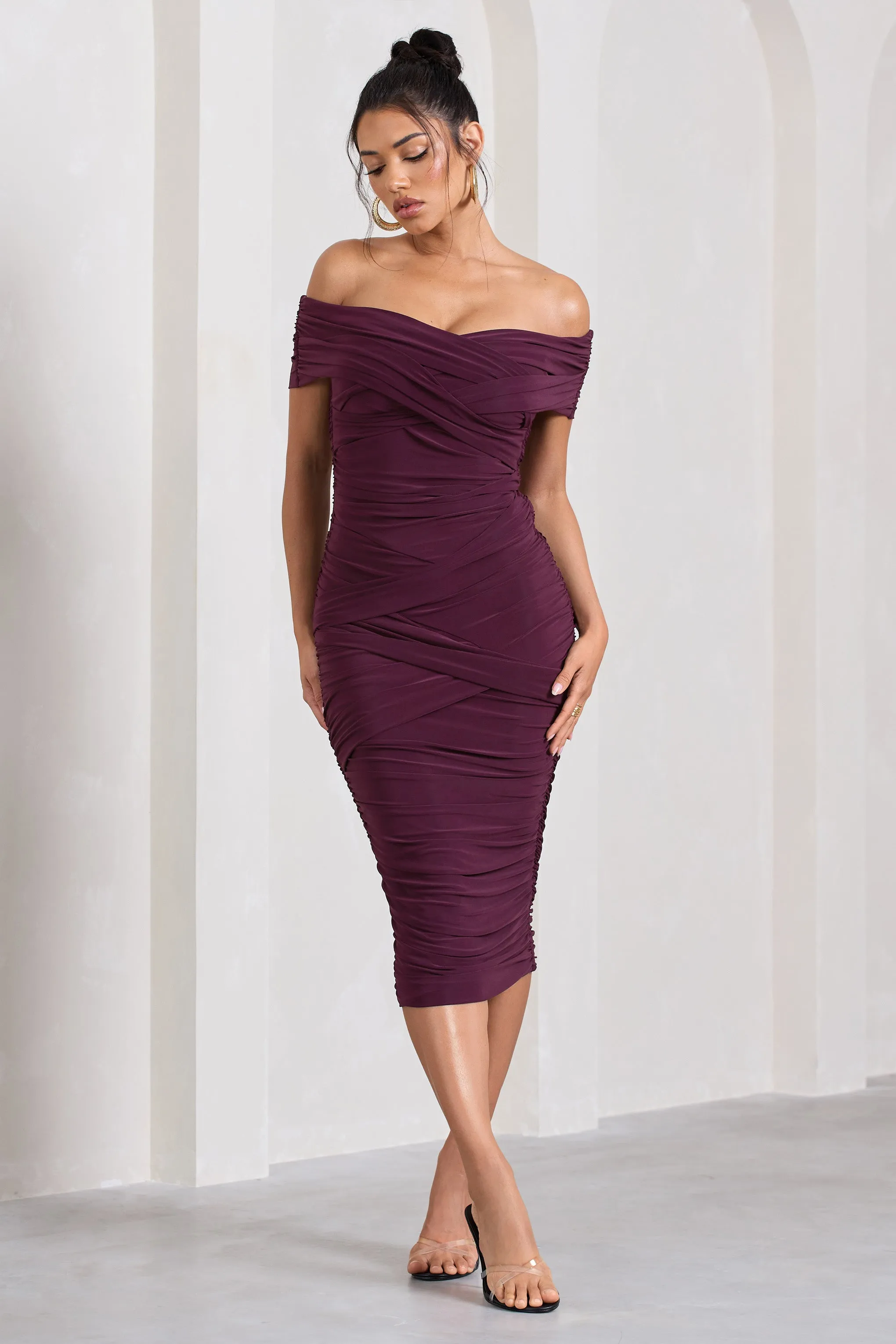 Amanda | Cherry Twisted Wrap Bardot Midi Dress Club L London