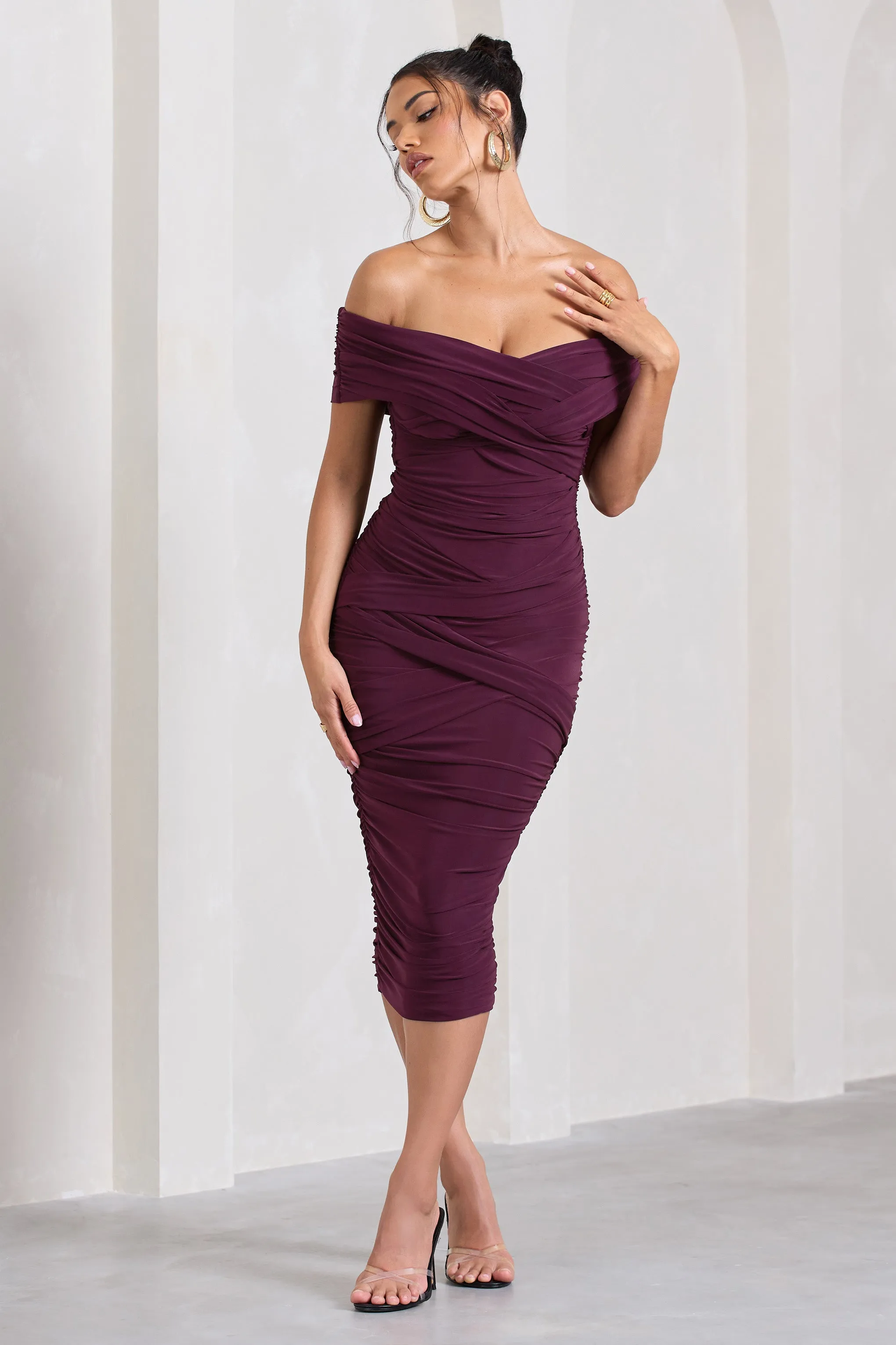 Amanda | Cherry Twisted Wrap Bardot Midi Dress Club L London