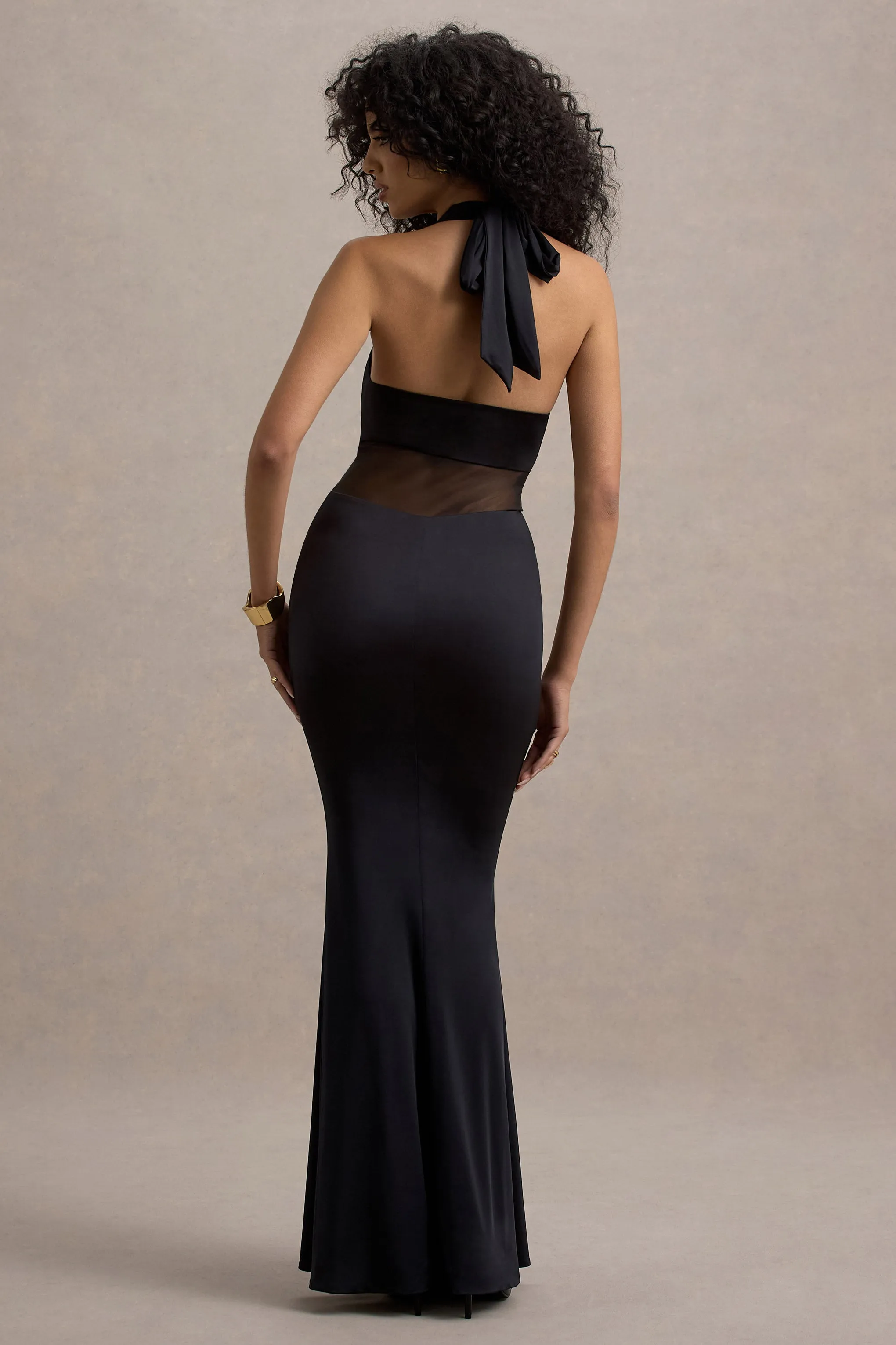 Amazonie | Black Plunge-Neck Twisted Maxi Dress With Mesh Panels Club L London