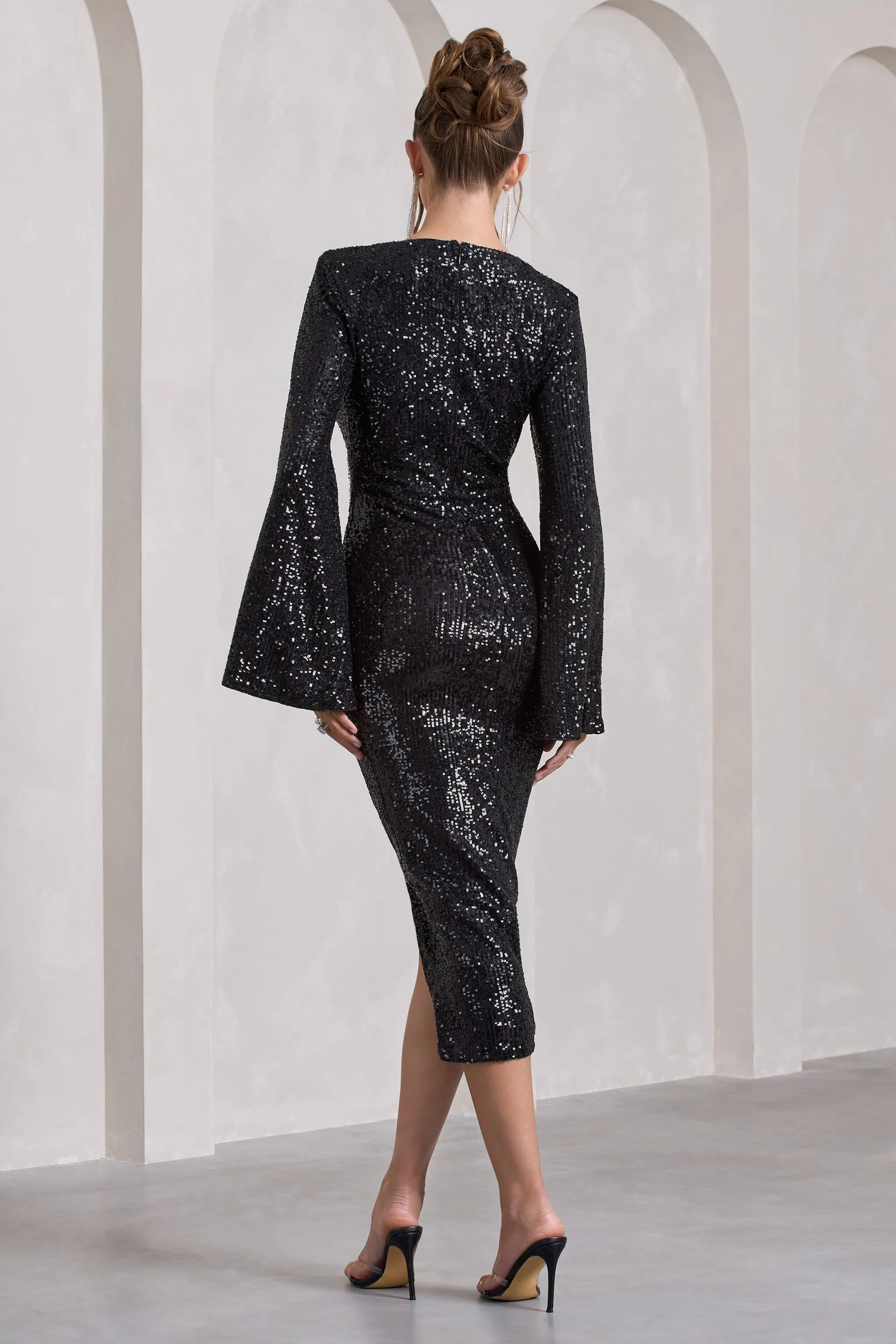 Amber | Black Sequin Plunge Wrap Midi Dress Club L London