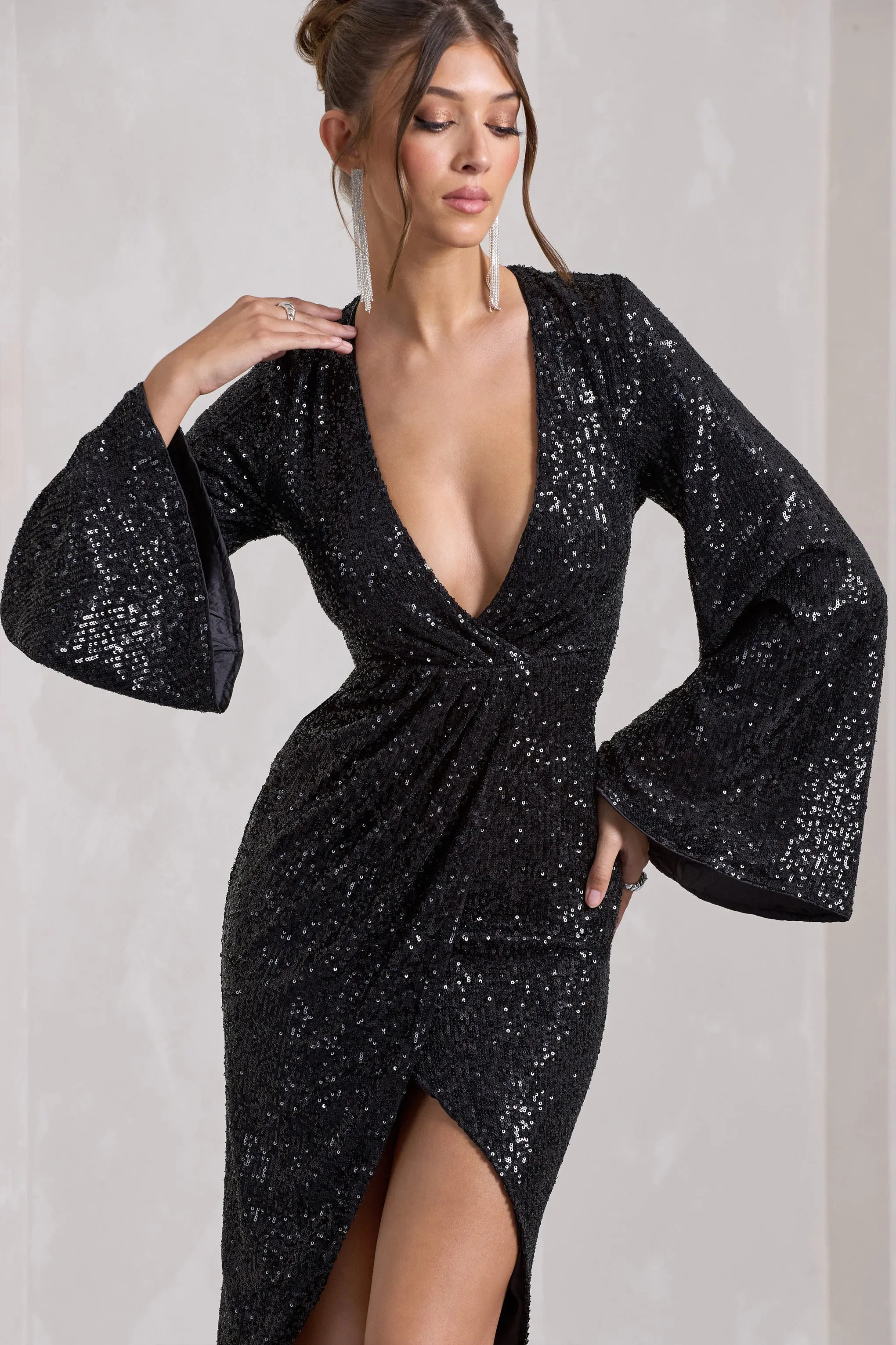 Amber | Black Sequin Plunge Wrap Midi Dress Club L London