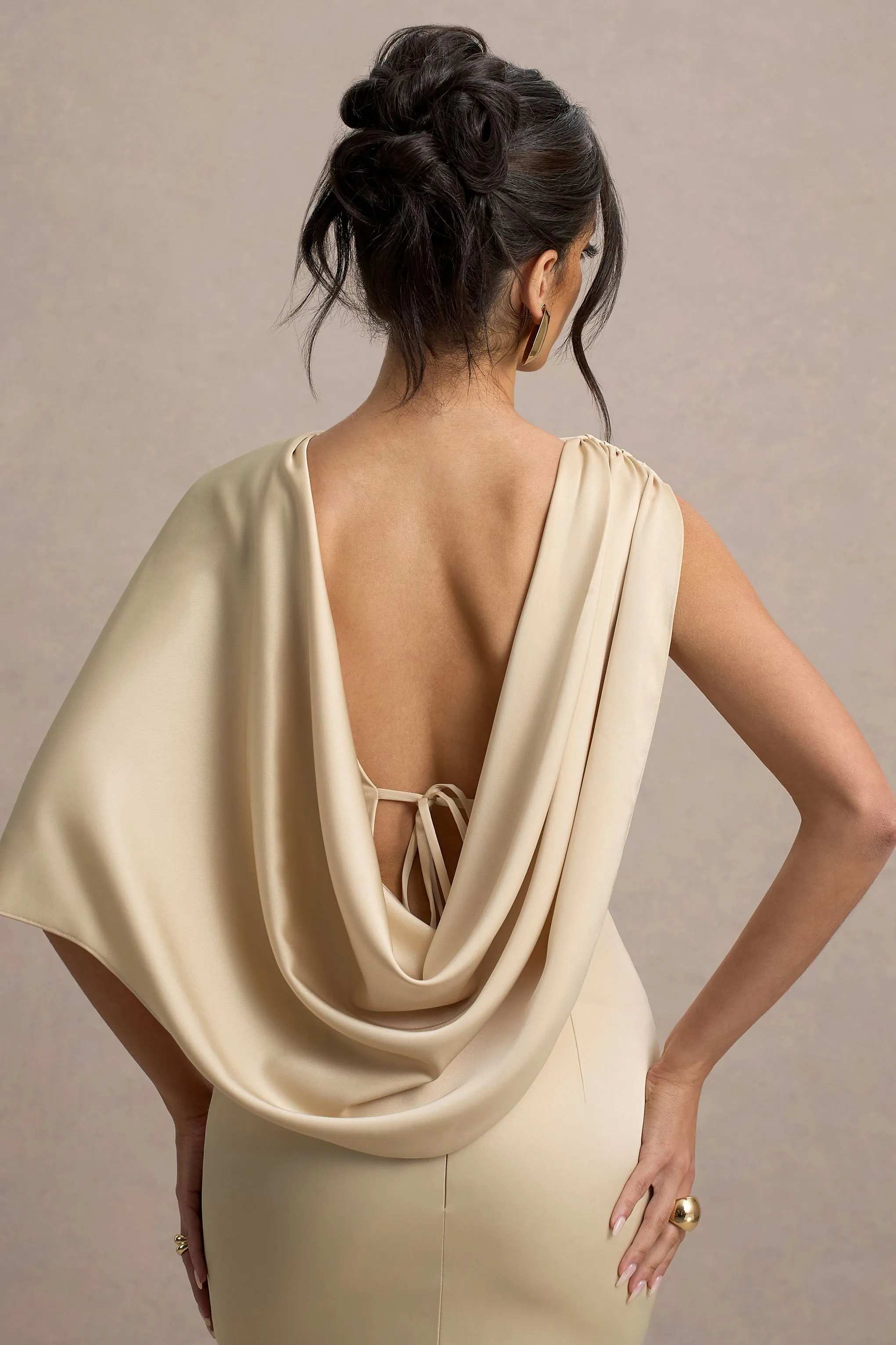 Ambra | Champagne Satin One-Shoulder Cape Maxi Dress Club L London