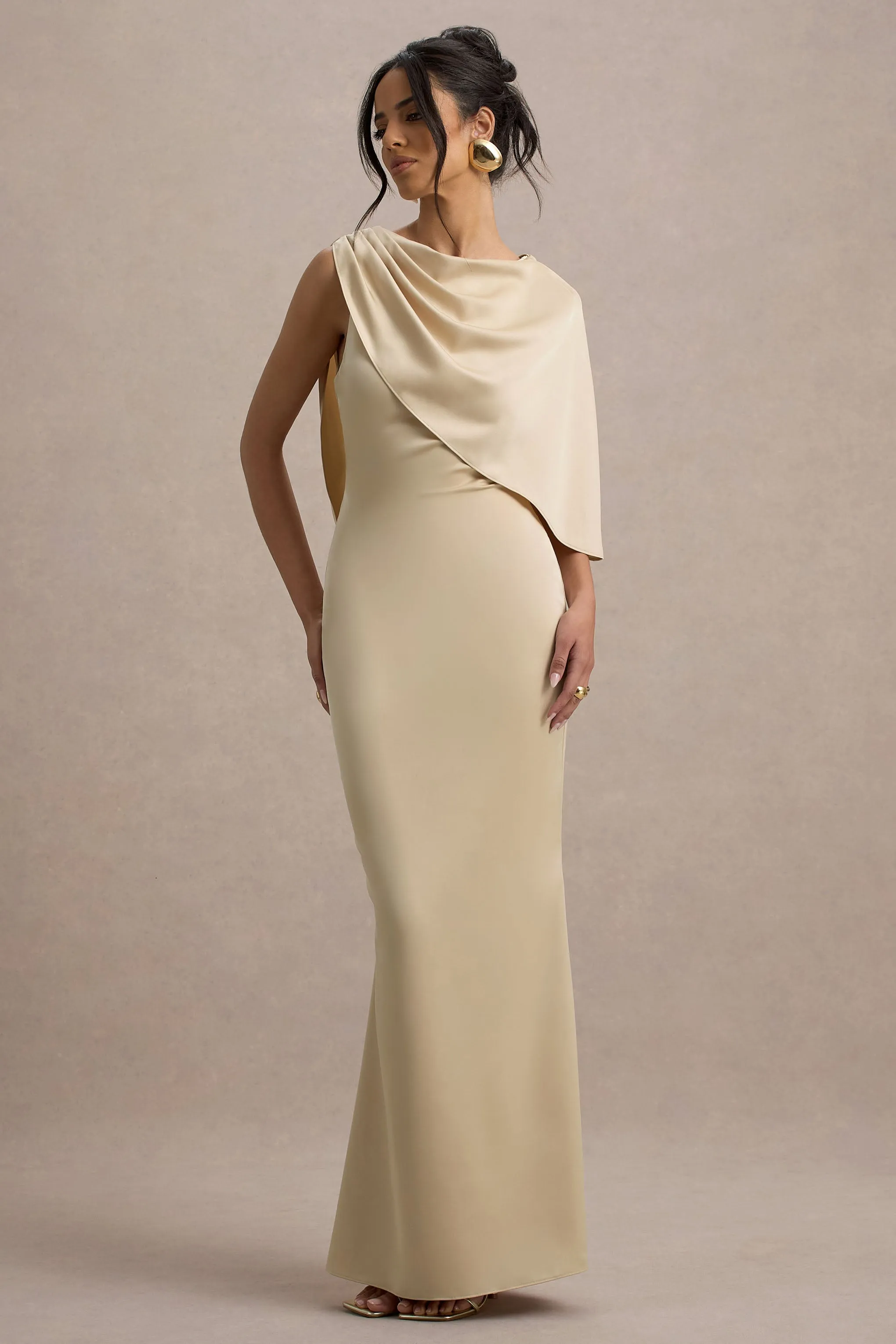 Ambra | Champagne Satin One-Shoulder Cape Maxi Dress Club L London