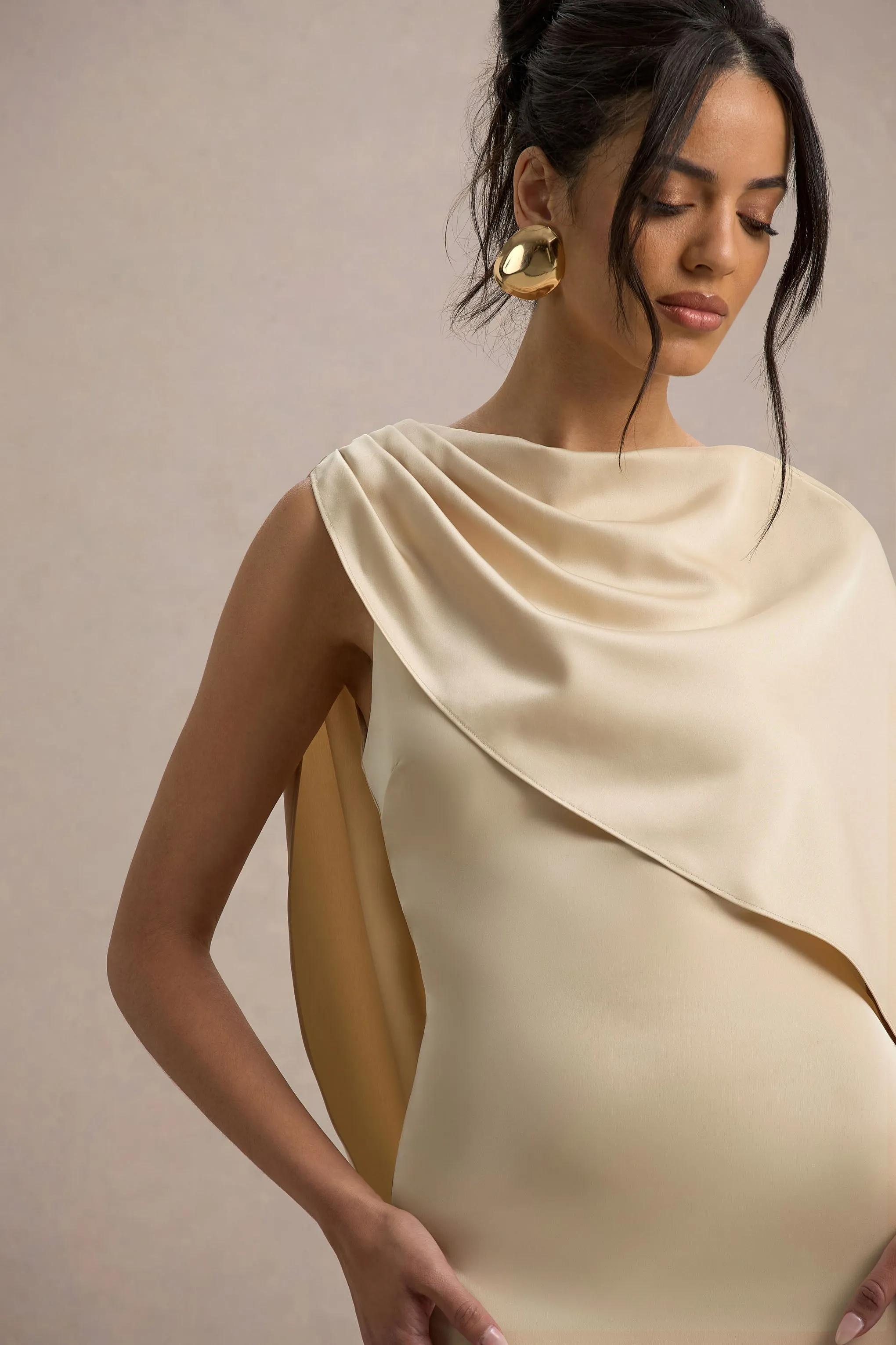 Ambra | Champagne Satin One-Shoulder Cape Maxi Dress Club L London