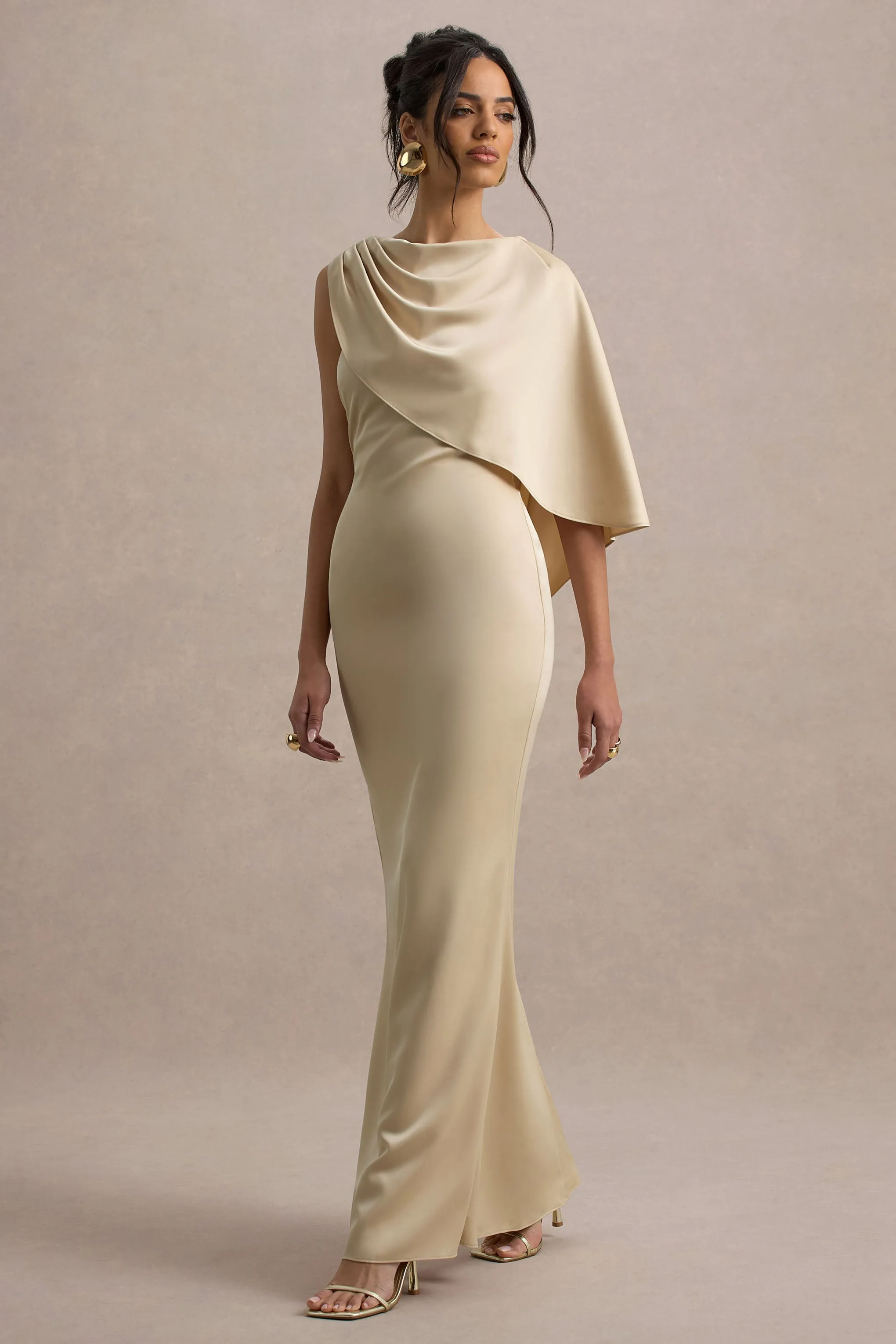 Ambra | Champagne Satin One-Shoulder Cape Maxi Dress Club L London
