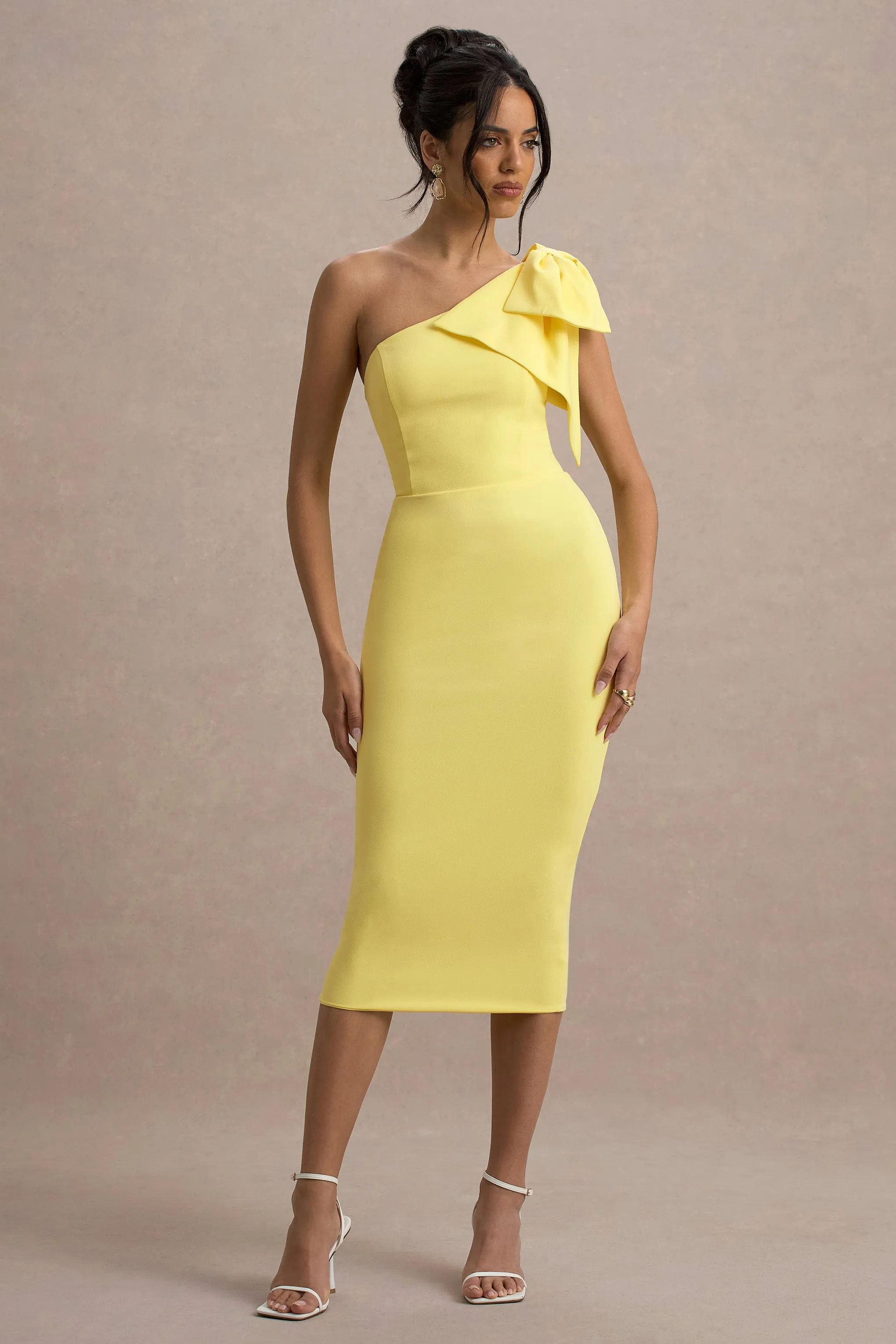 Ambretta | Lemon One-Shoulder Midi Dress With Bow Club L London