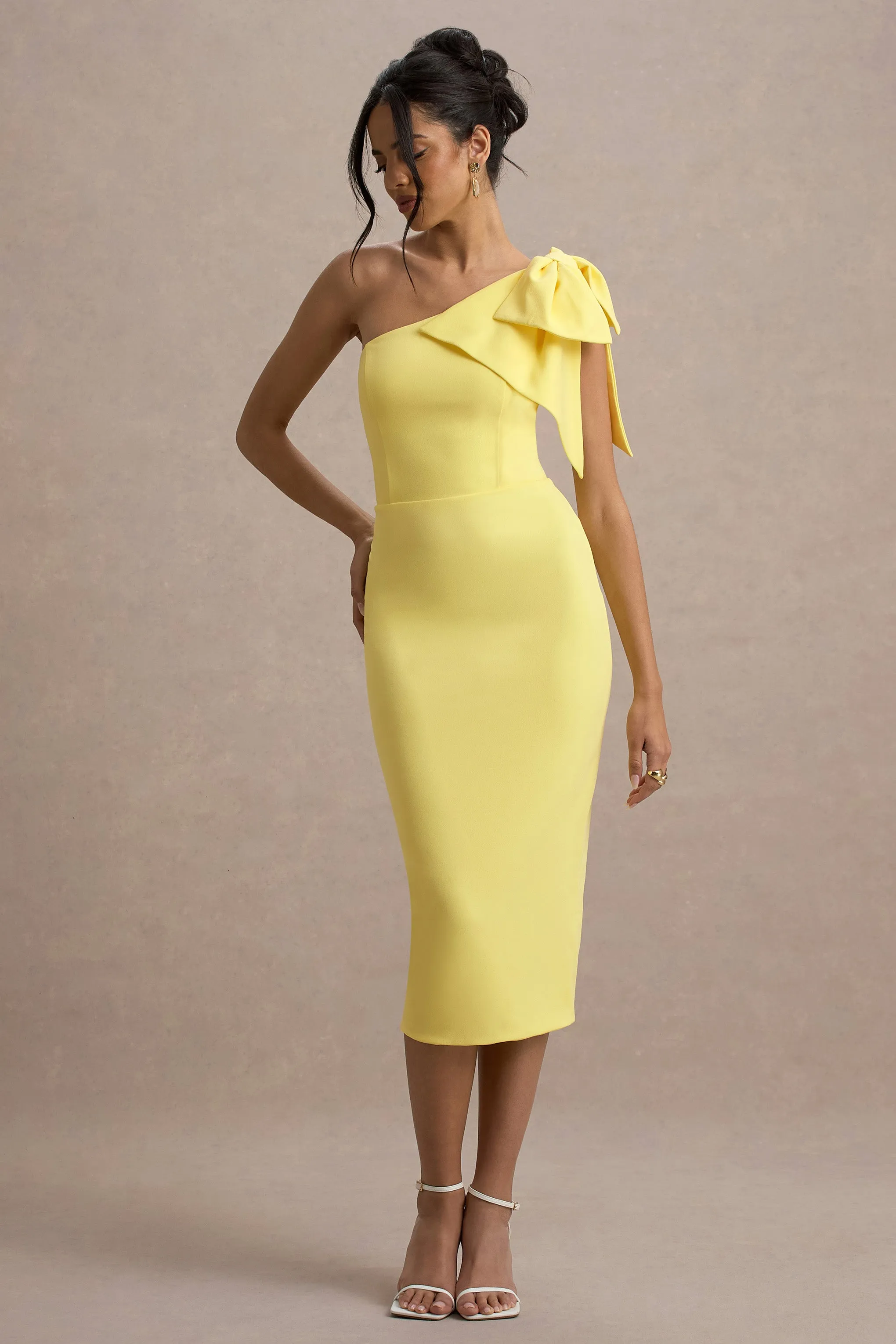 Ambretta | Lemon One-Shoulder Midi Dress With Bow Club L London