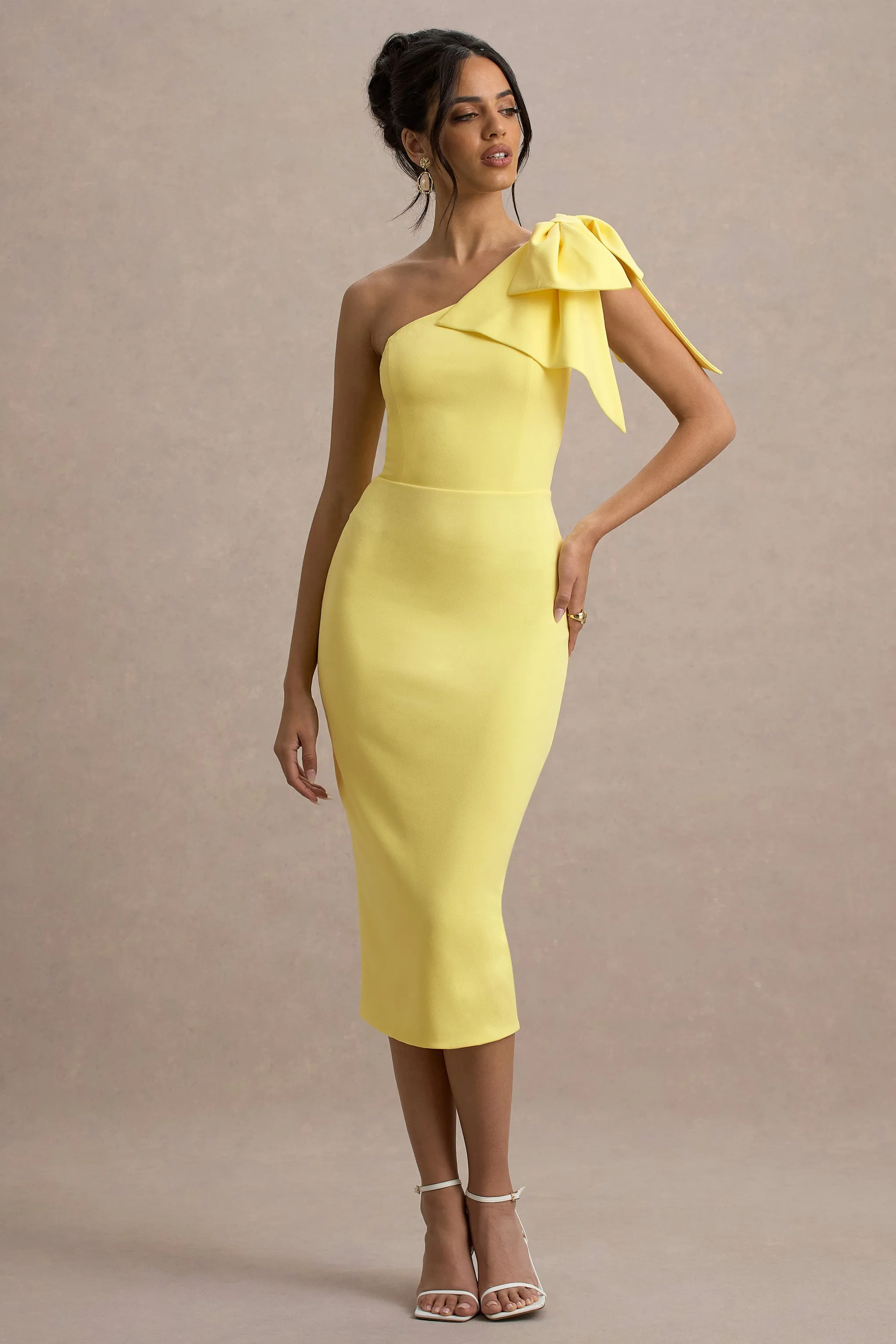 Ambretta | Lemon One-Shoulder Midi Dress With Bow Club L London