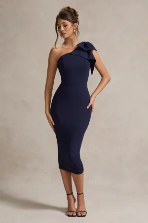 Ambretta | Navy One-Shoulder Midi Dress With Bow Club L London