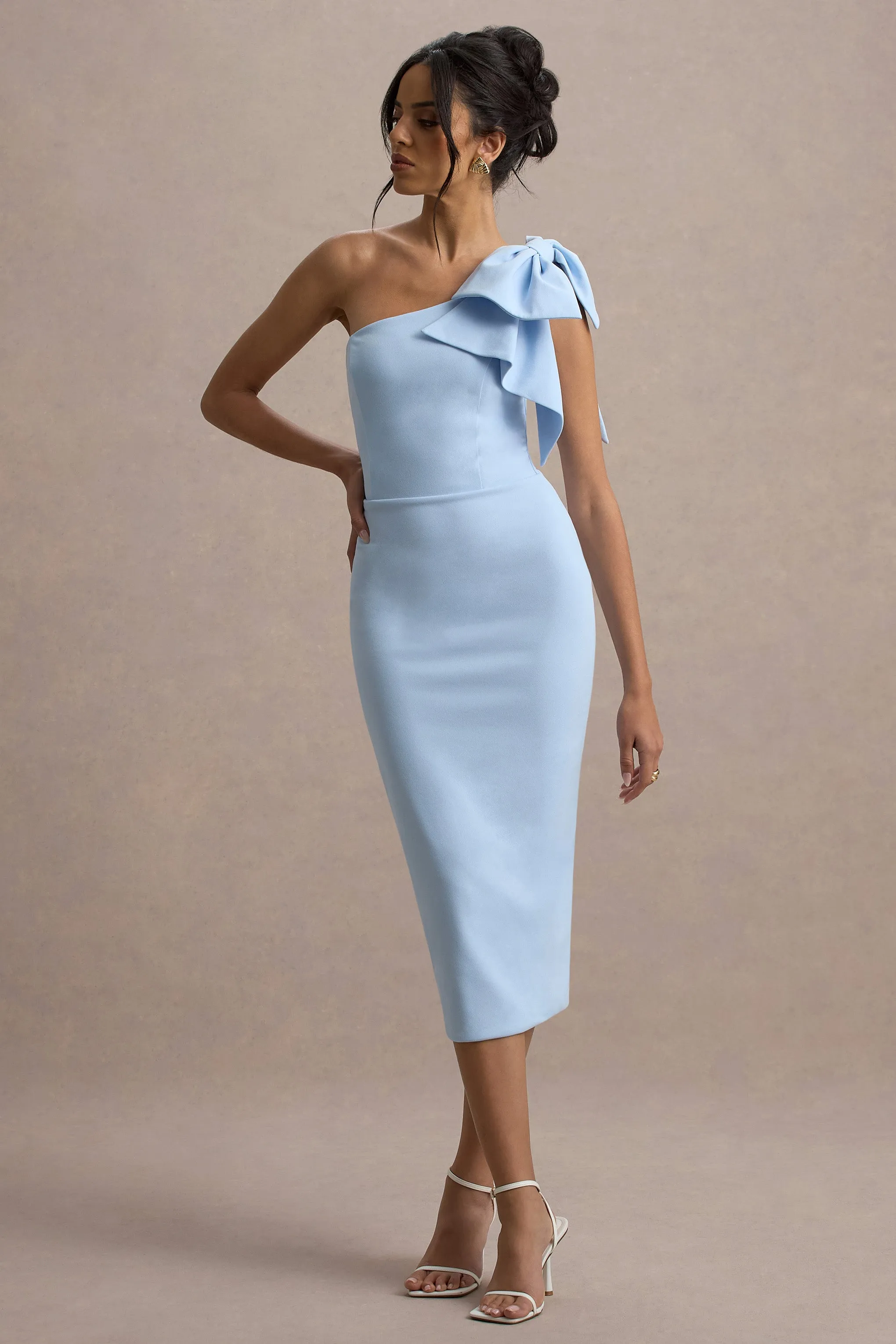 Ambretta | Powder Blue One-Shoulder Midi Dress With Bow Club L London