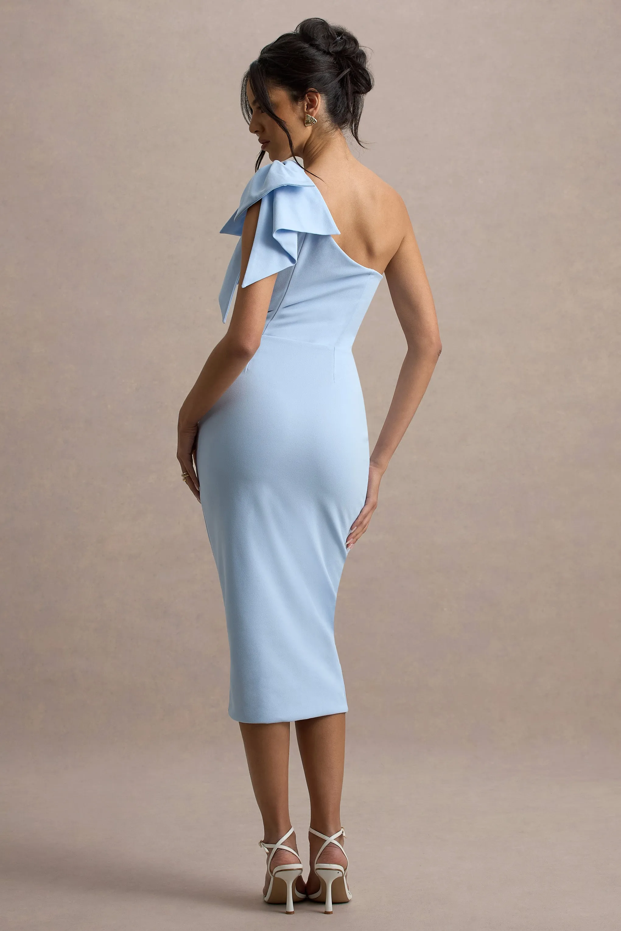 Ambretta | Powder Blue One-Shoulder Midi Dress With Bow Club L London