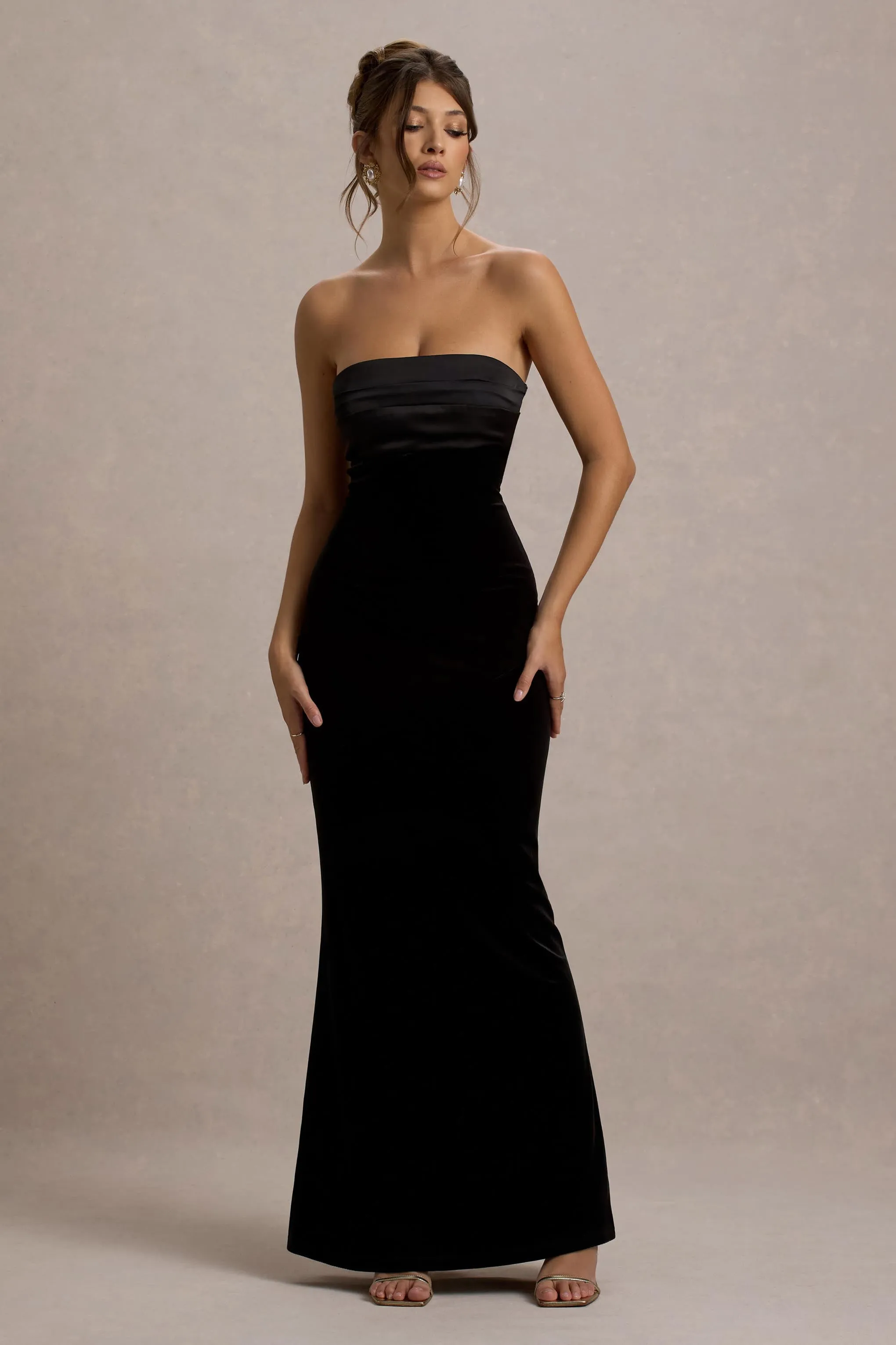Ambrosi | Black Velvet Bandeau Maxi Dress Club L London