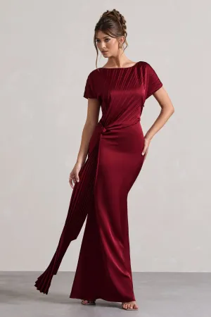 Ambrosia | Berry Satin Pleated Maxi Dress With Drape Club L London