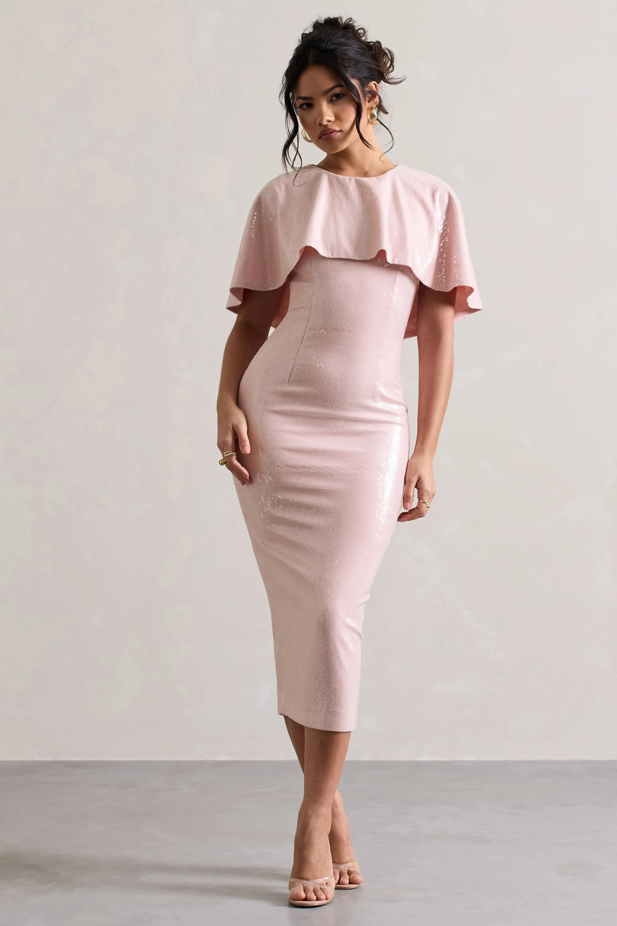 Amelie | Pastel Pink Sequin Midi Dress With Cape Club L London
