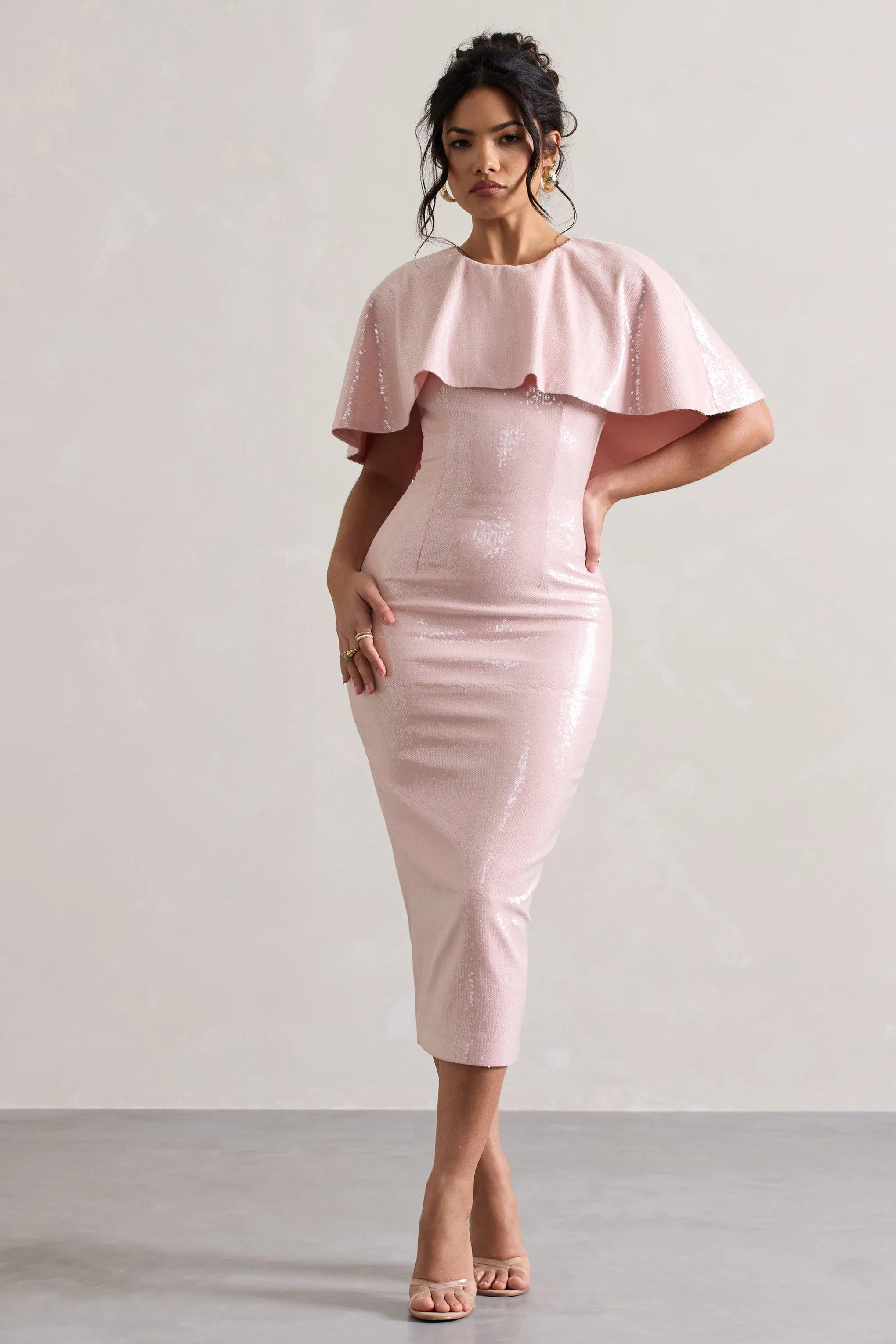 Amelie | Pastel Pink Sequin Midi Dress With Cape Club L London
