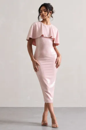 Amelie | Pastel Pink Sequin Midi Dress With Cape Club L London