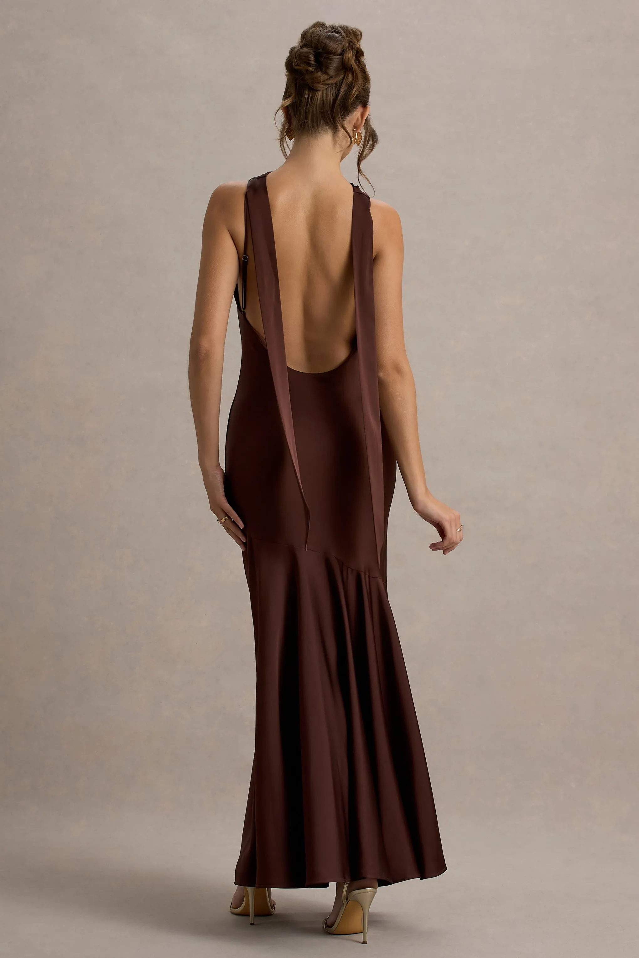 Amelita | Brown Satin Cowl-Neck Maxi Dress Club L London