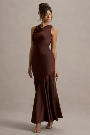 Amelita | Brown Satin Cowl-Neck Maxi Dress Club L London