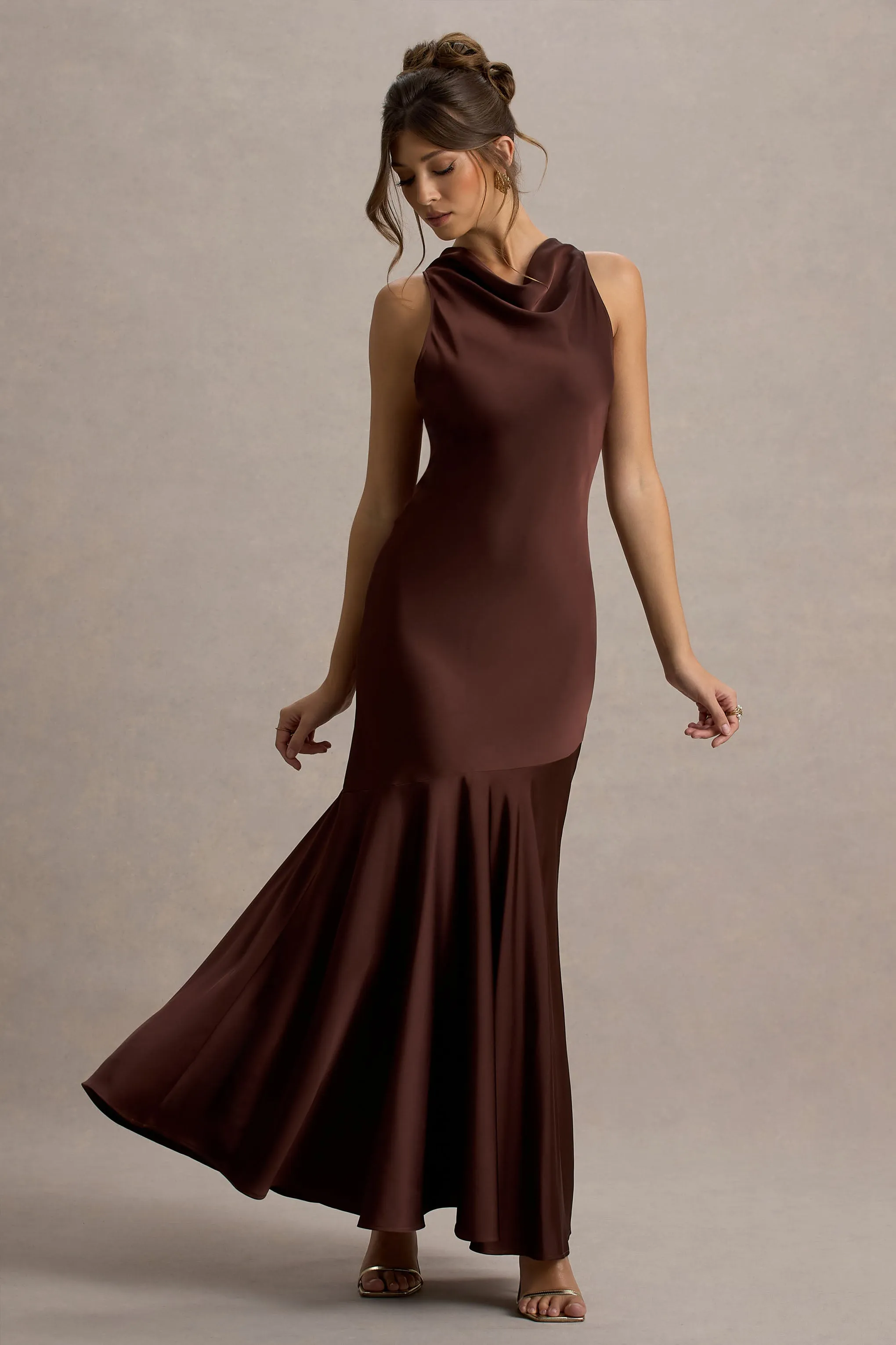 Amelita | Brown Satin Cowl-Neck Maxi Dress Club L London