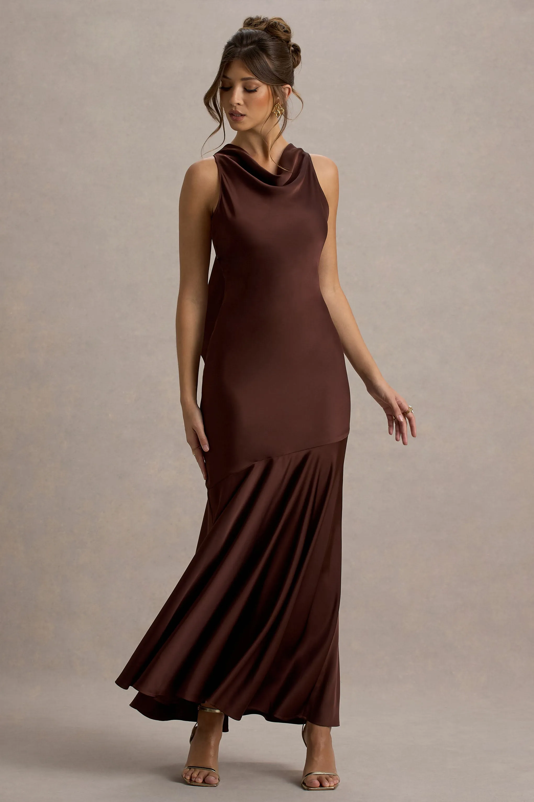 Amelita | Brown Satin Cowl-Neck Maxi Dress Club L London