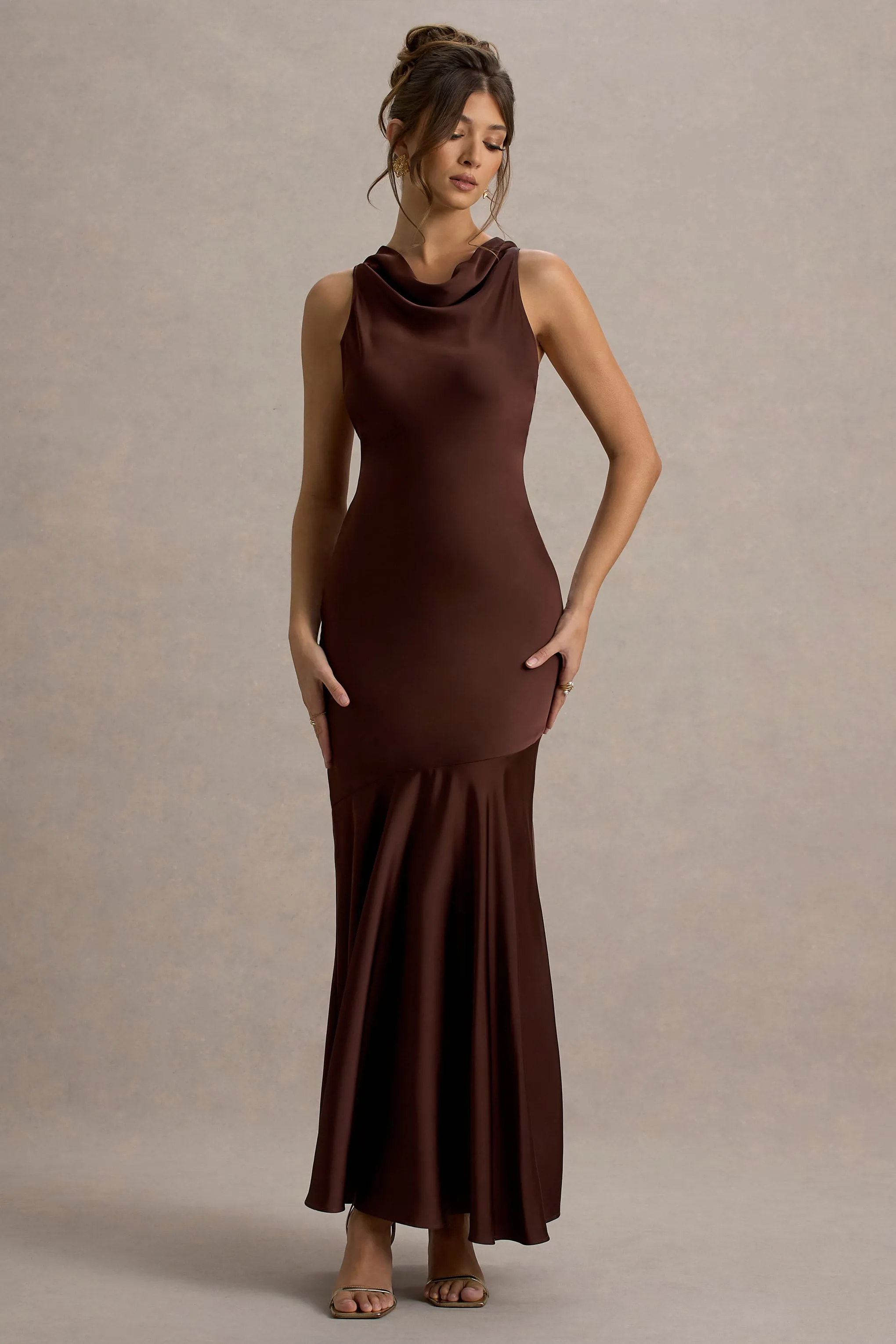 Amelita | Brown Satin Cowl-Neck Maxi Dress Club L London