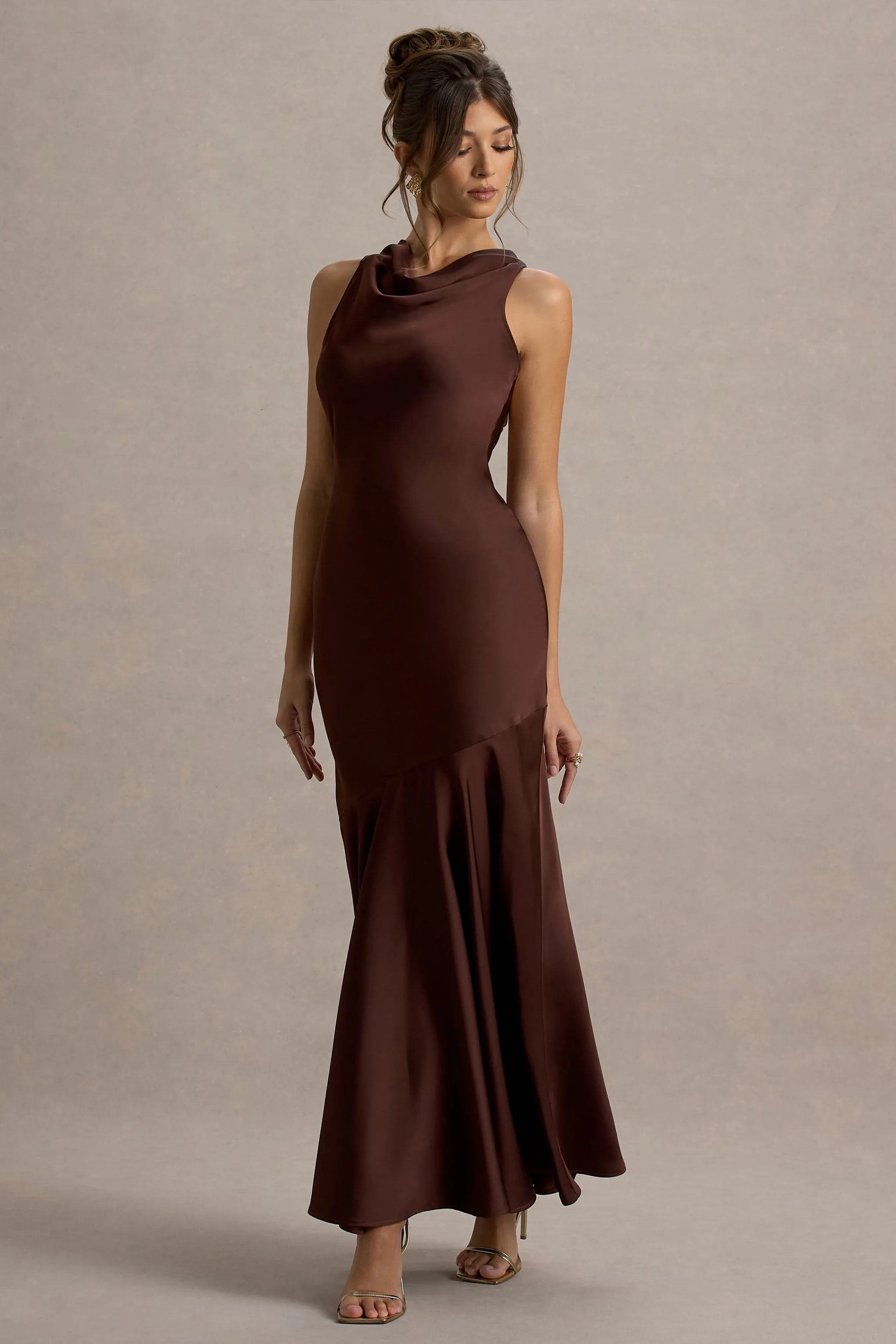 Amelita | Brown Satin Cowl-Neck Maxi Dress Club L London