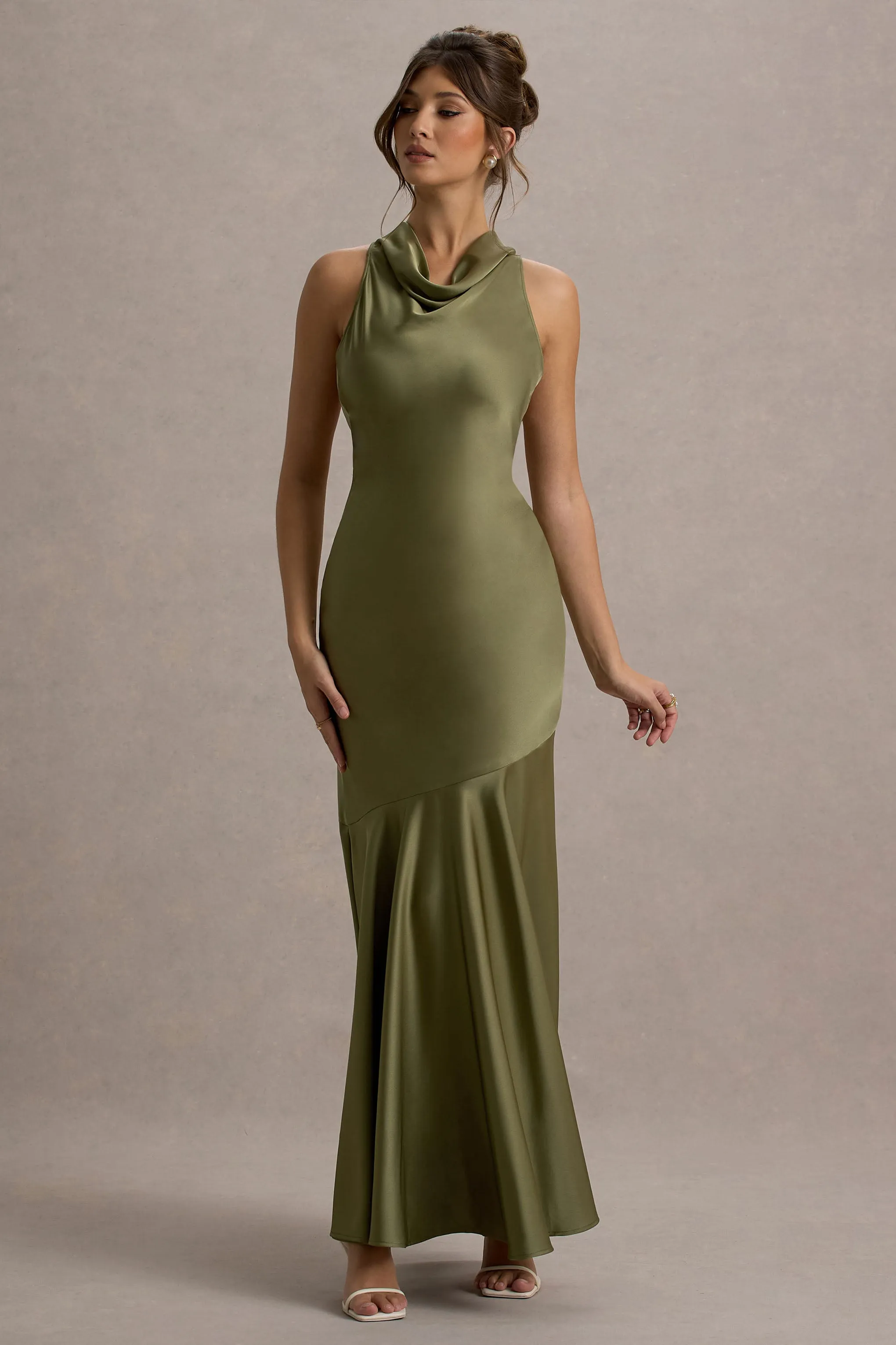 Amelita | Khaki Satin Cowl-Neck Maxi Dress Club L London