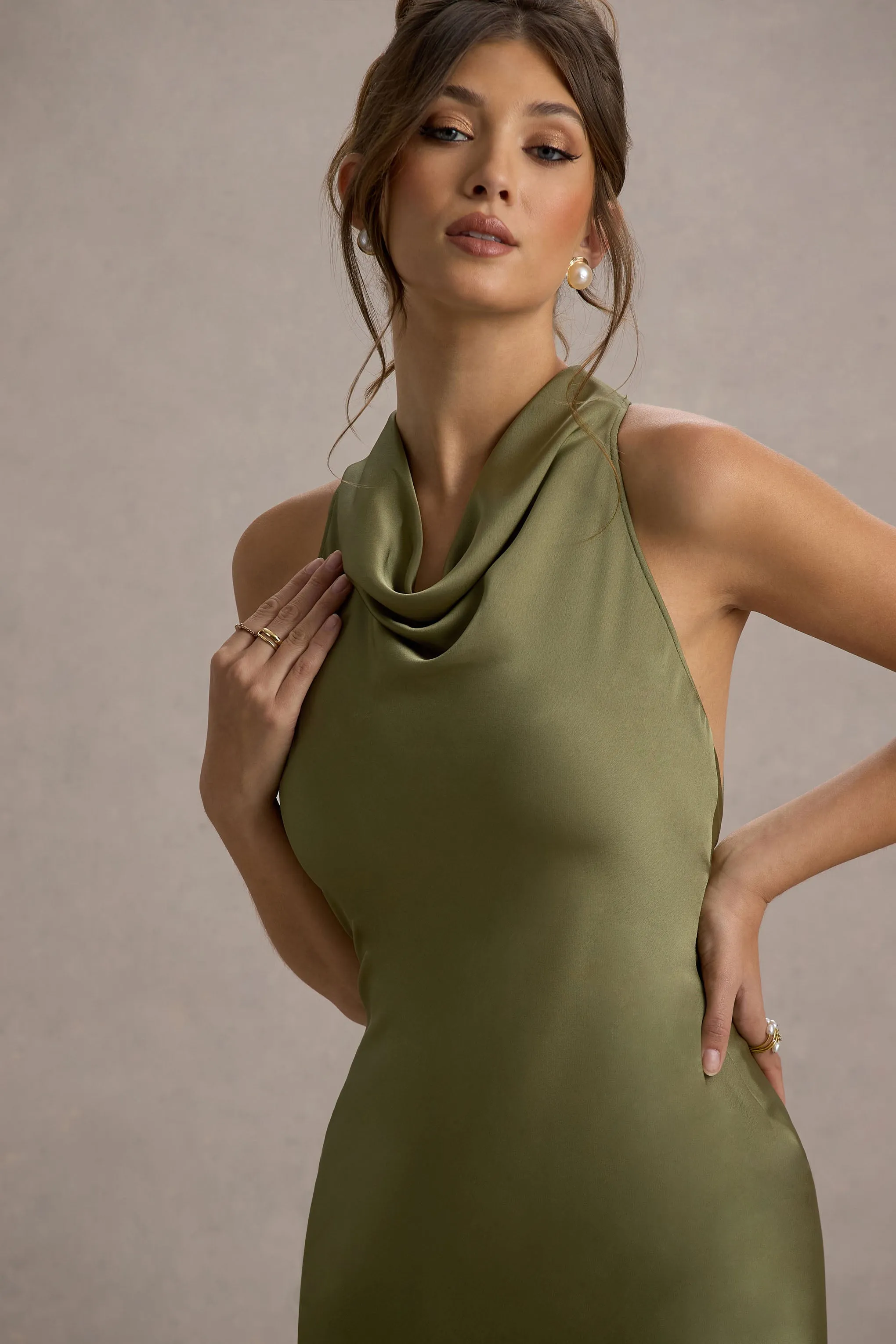 Amelita | Khaki Satin Cowl-Neck Maxi Dress Club L London