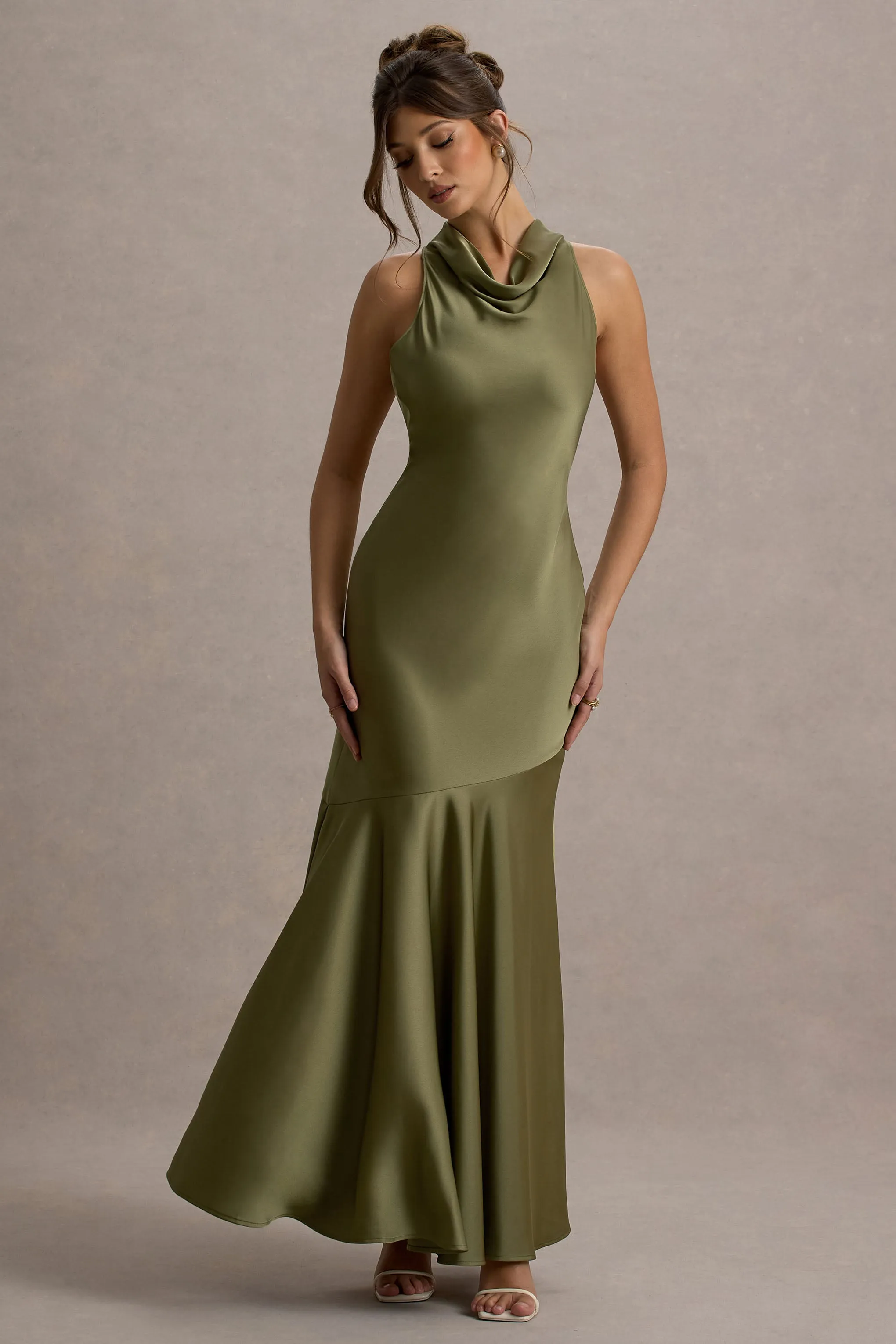 Amelita | Khaki Satin Cowl-Neck Maxi Dress Club L London