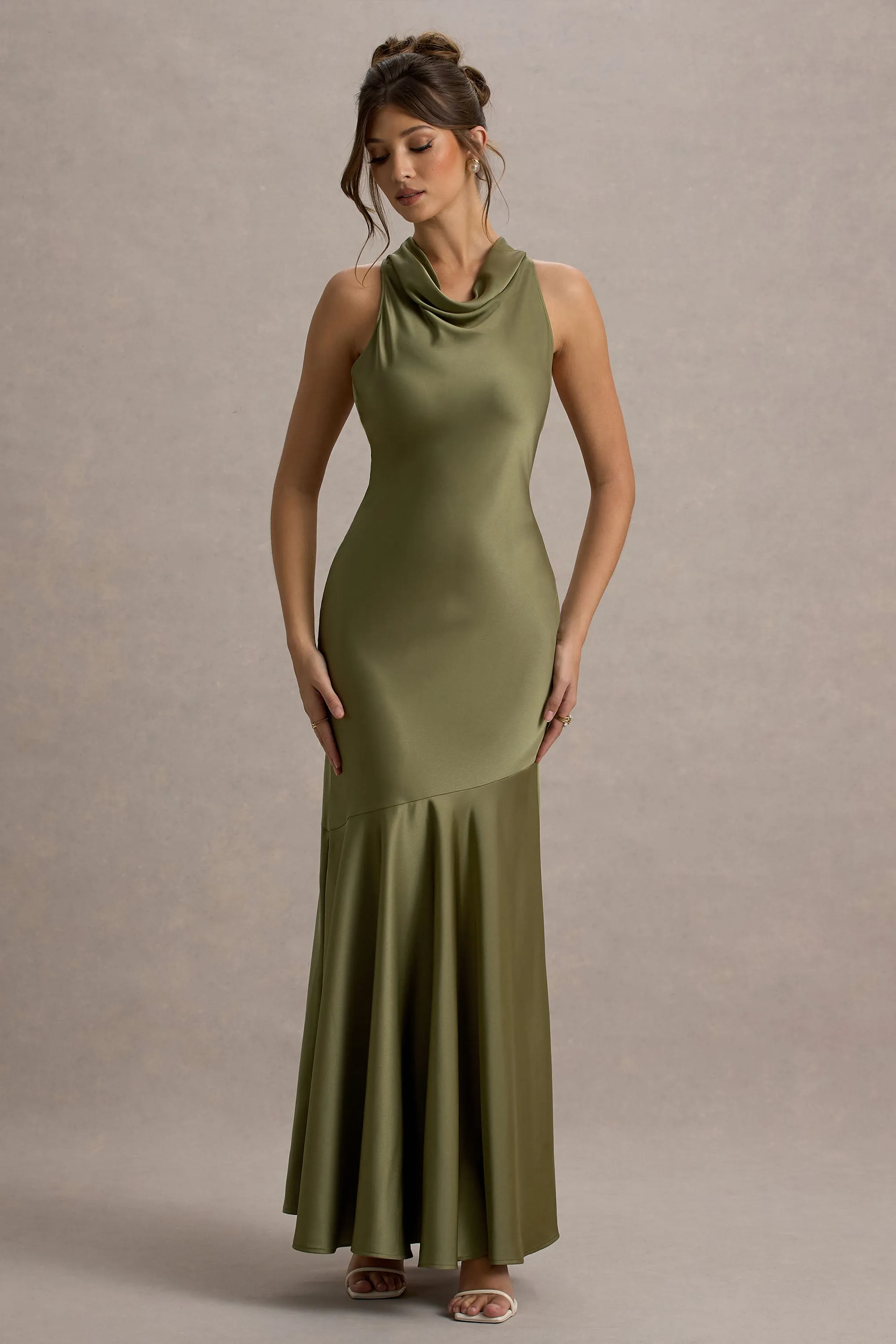 Amelita | Khaki Satin Cowl-Neck Maxi Dress Club L London