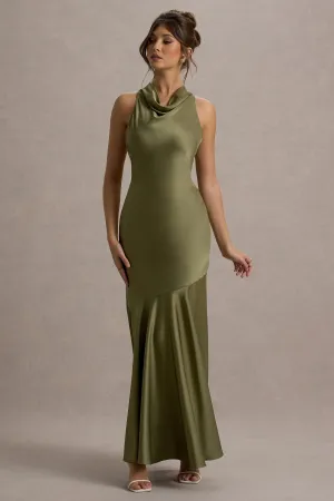 Amelita | Khaki Satin Cowl-Neck Maxi Dress Club L London