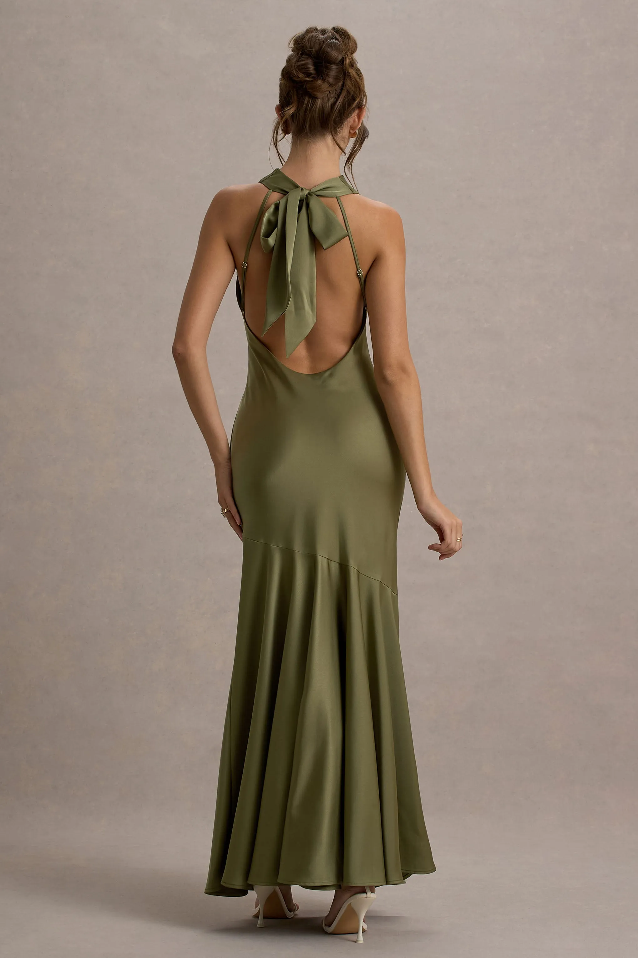 Amelita | Khaki Satin Cowl-Neck Maxi Dress Club L London