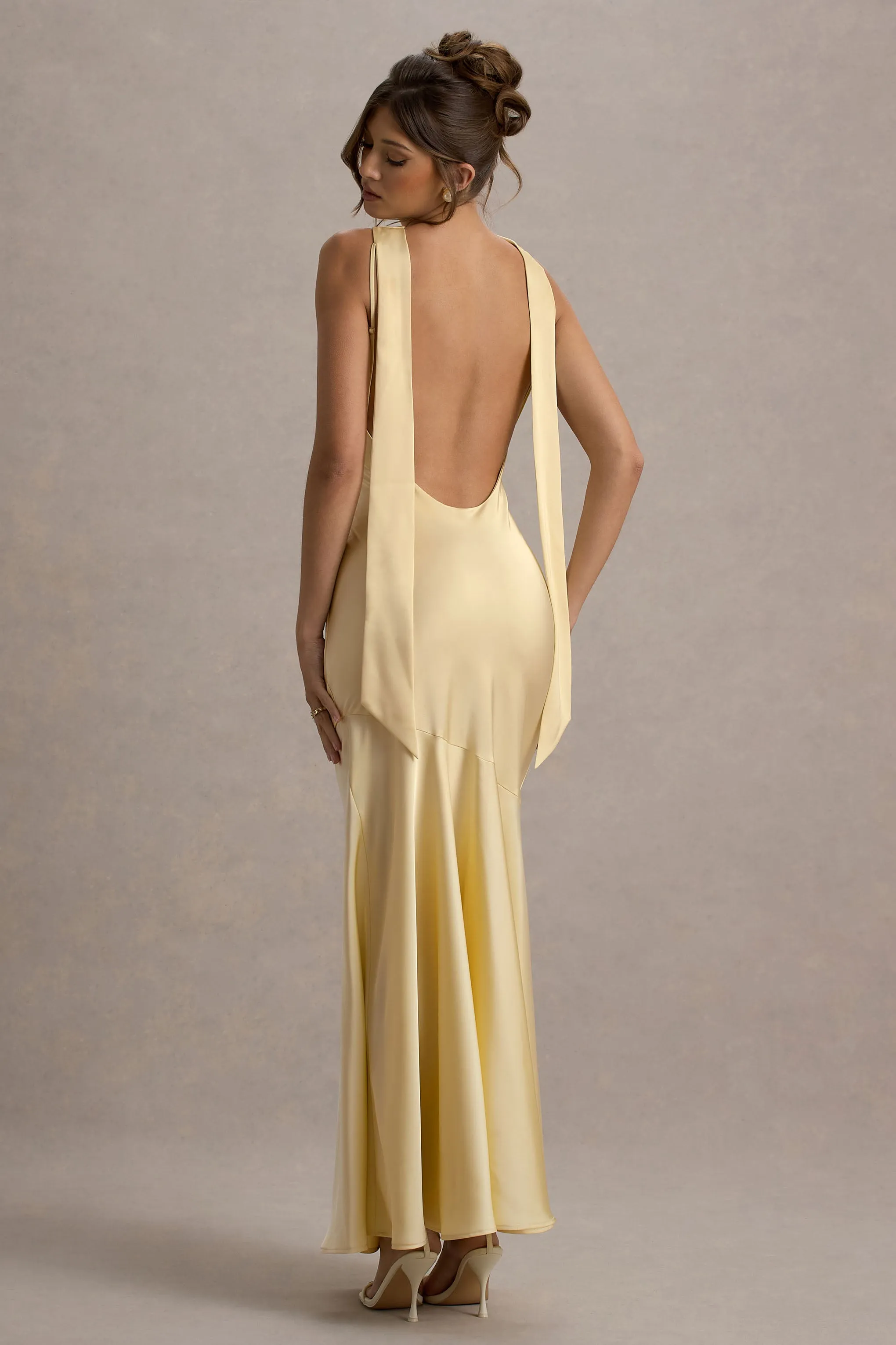 Amelita | Lemon Satin Cowl-Neck Maxi Dress Club L London