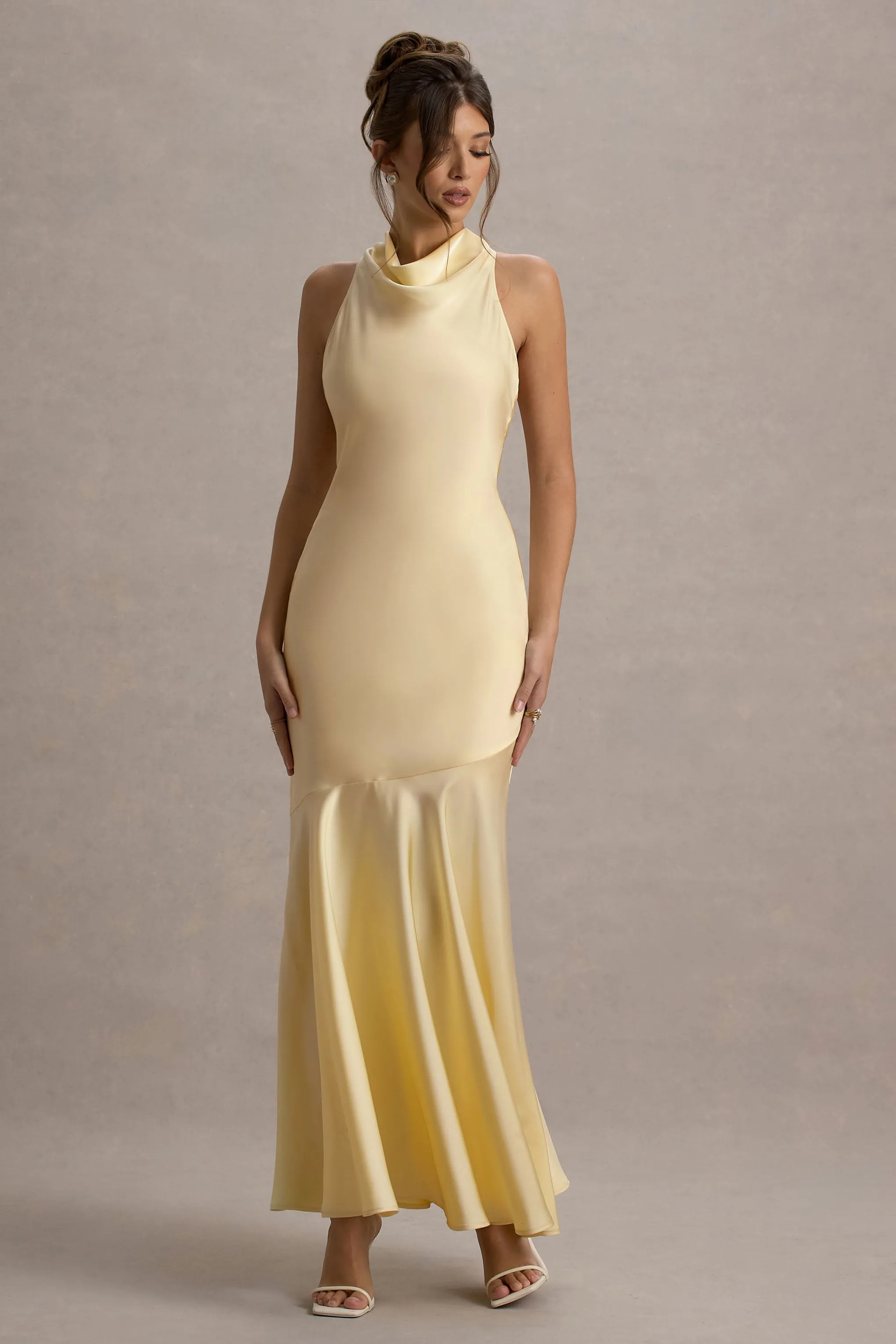 Amelita | Lemon Satin Cowl-Neck Maxi Dress Club L London