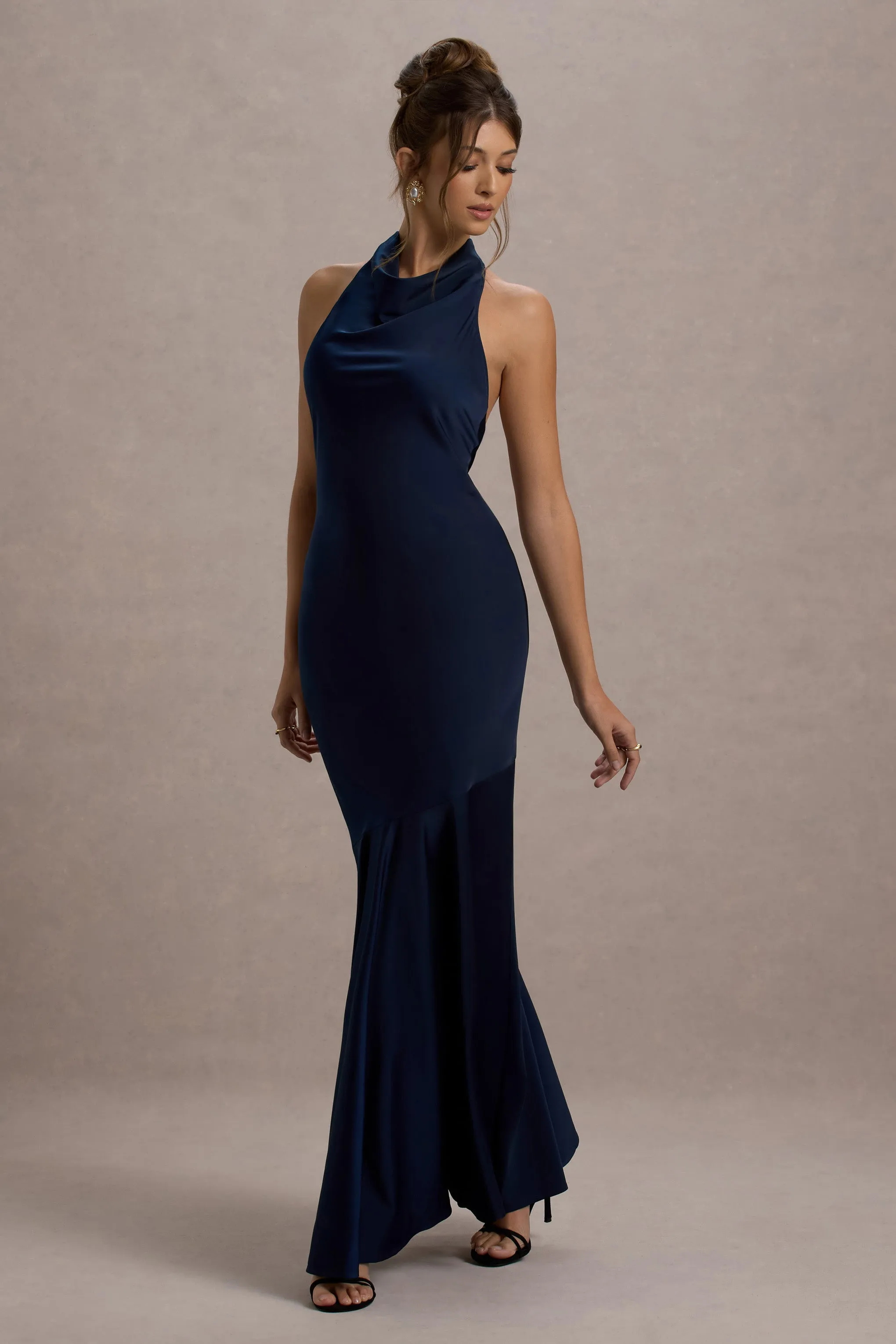 Amelita | Navy Satin Cowl-Neck Maxi Dress Club L London
