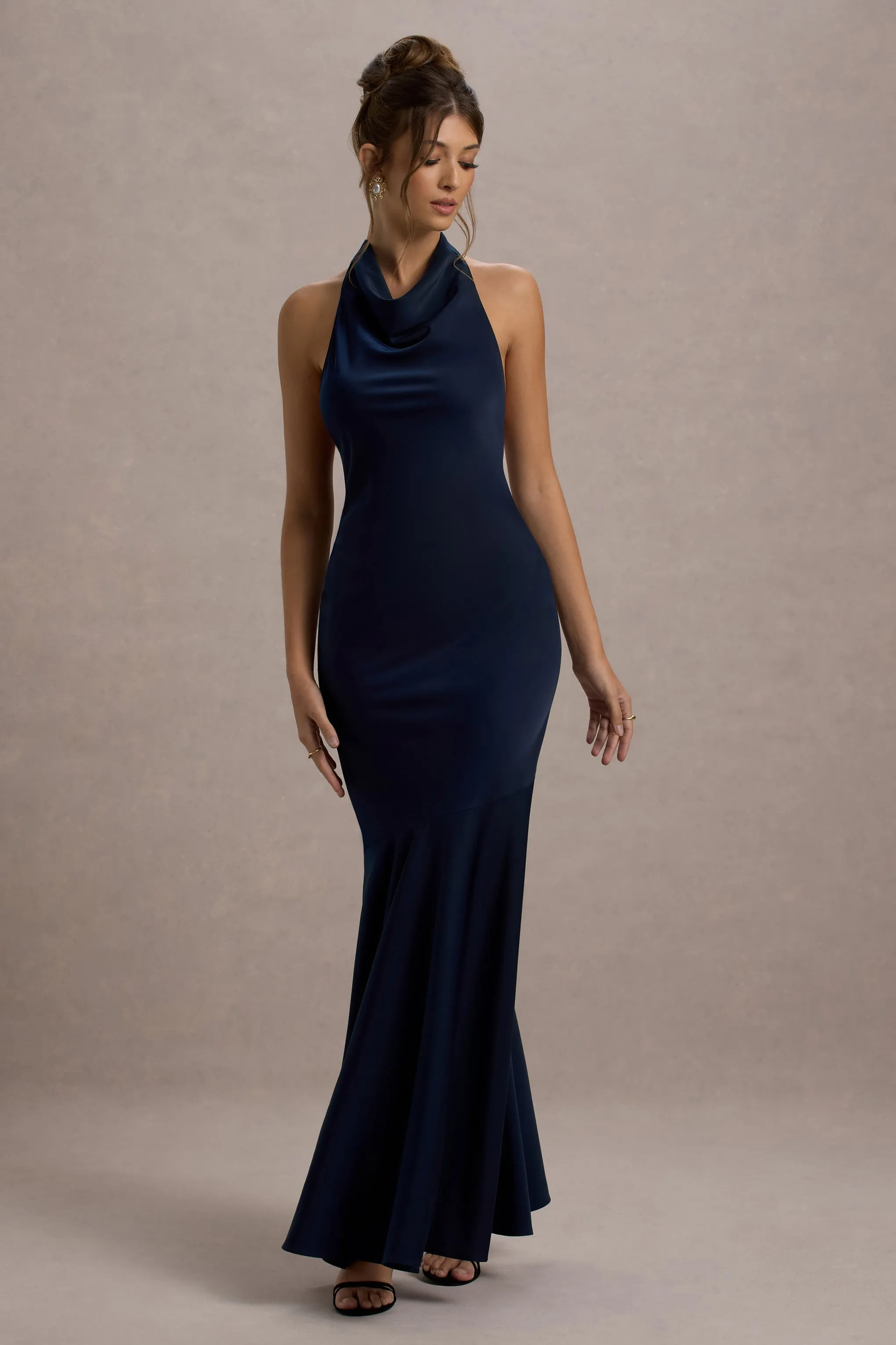 Amelita | Navy Satin Cowl-Neck Maxi Dress Club L London
