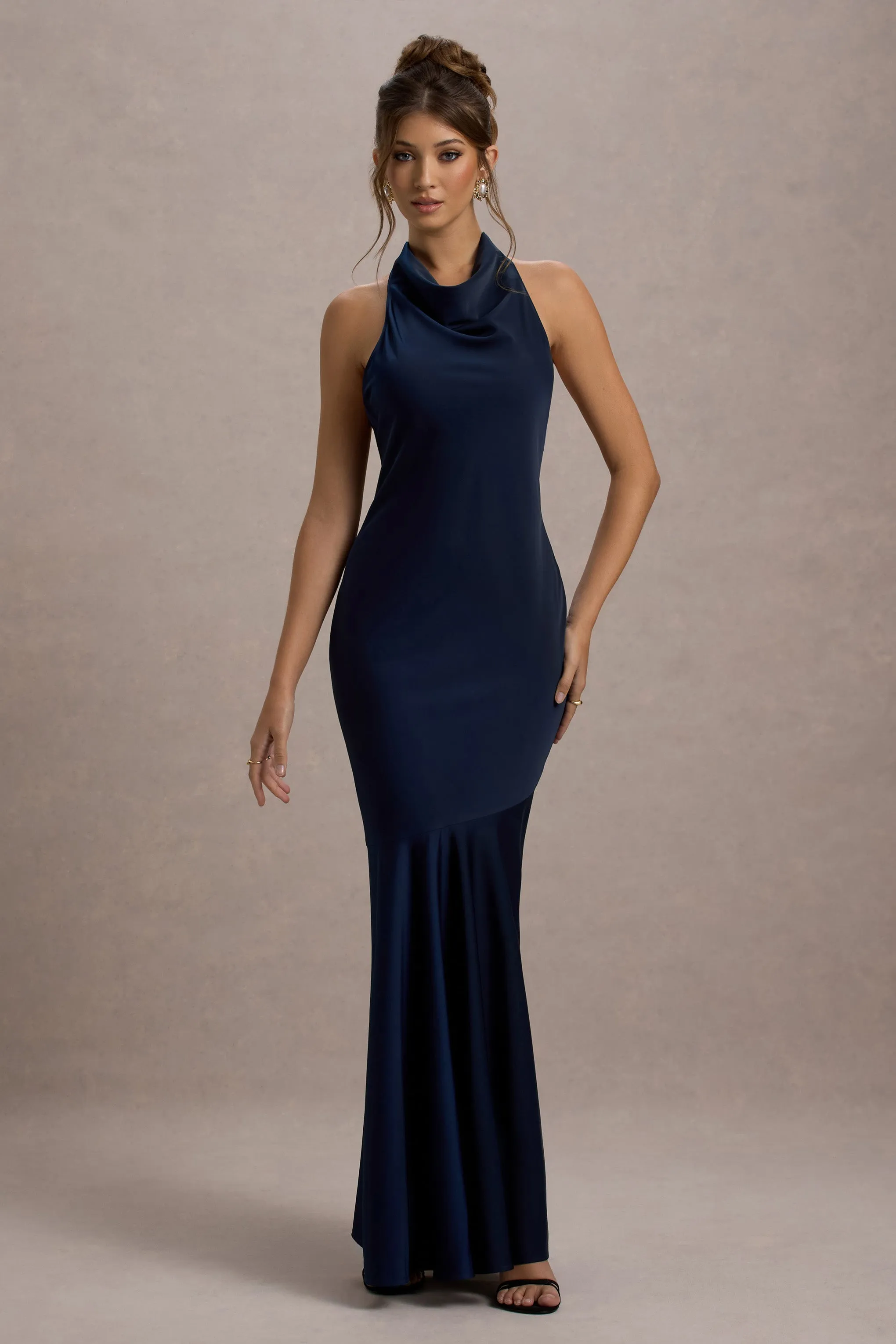 Amelita | Navy Satin Cowl-Neck Maxi Dress Club L London