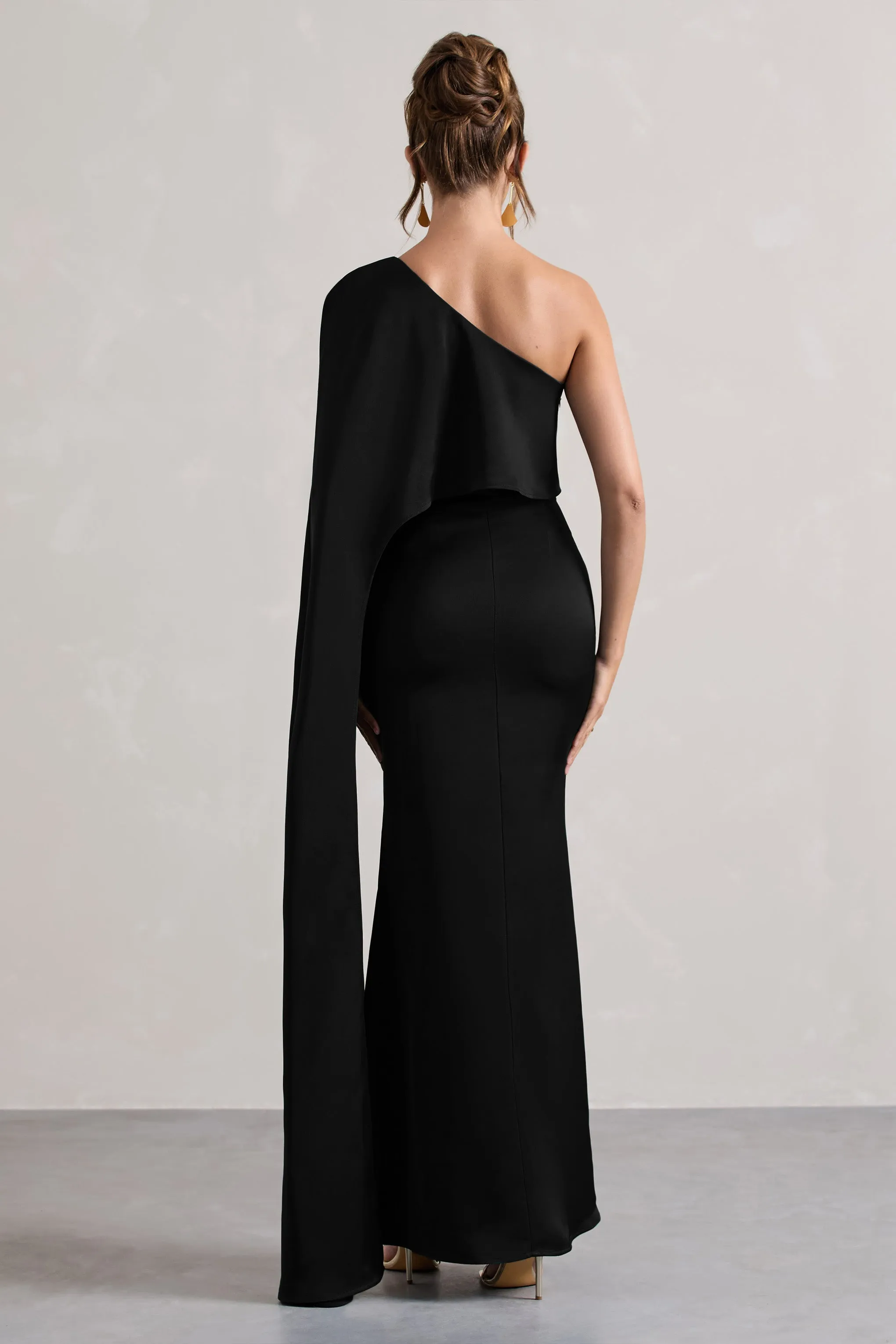 Amora | Black Satin Asymmetric Cape-Sleeve Split Maxi Dress Club L London