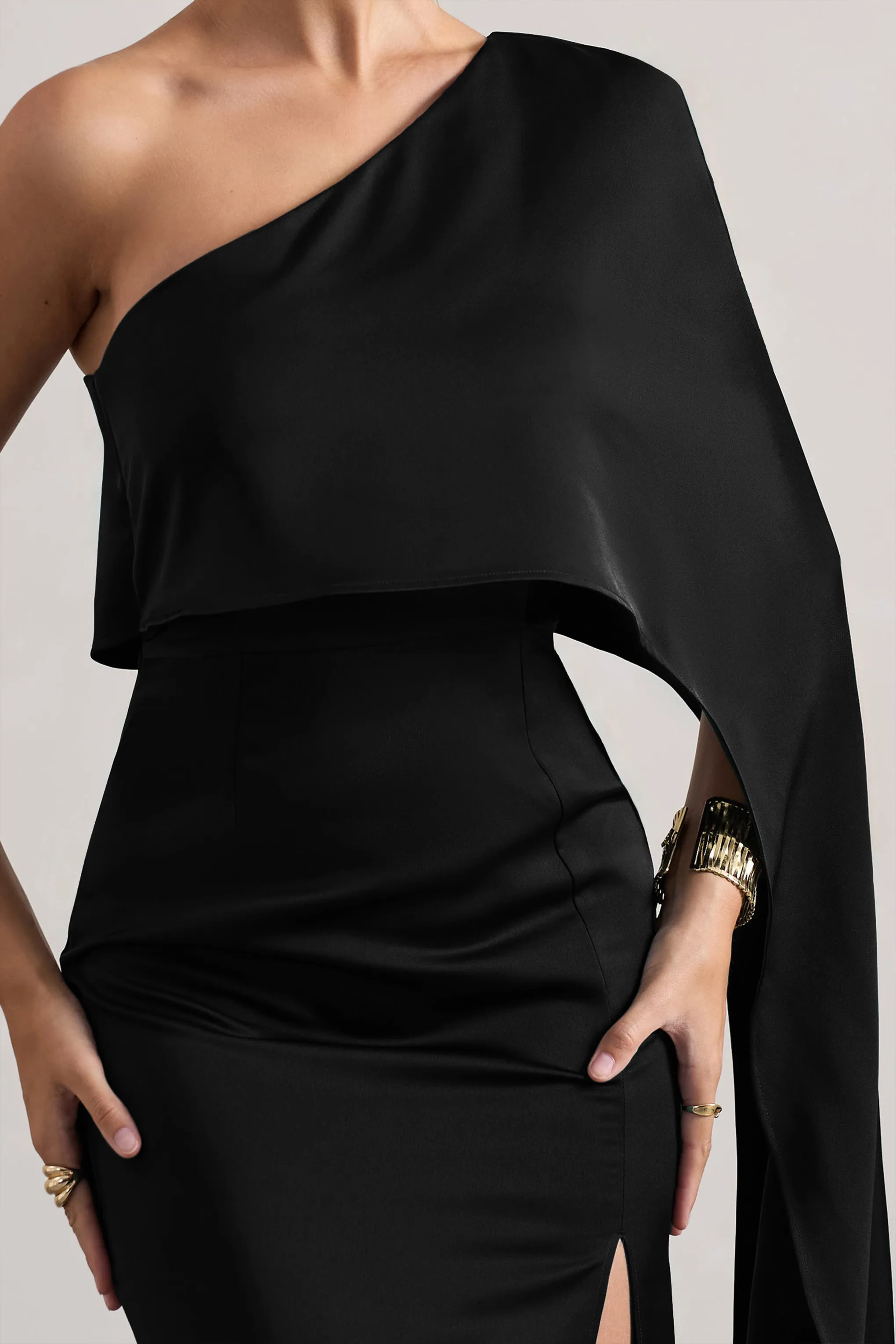 Amora | Black Satin Asymmetric Cape-Sleeve Split Maxi Dress Club L London