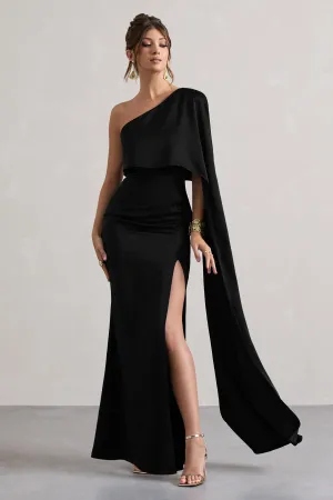 Amora | Black Satin Asymmetric Cape-Sleeve Split Maxi Dress Club L London
